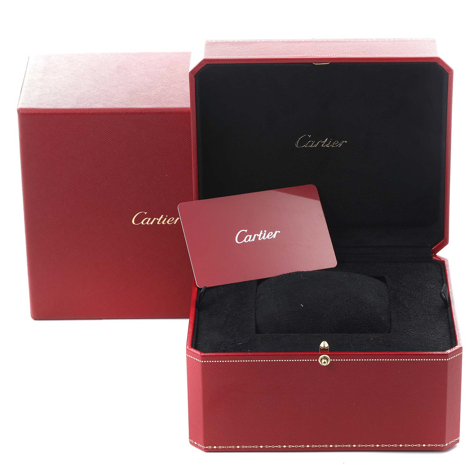 The image shows a Cartier Tank Solo W5200004 Men's Steel and Gold (two tone) Silver Dial W5200004 Men's Steel and Gold (two tone) Silver Dial watch box and card, with an open box displaying the inner cushion.