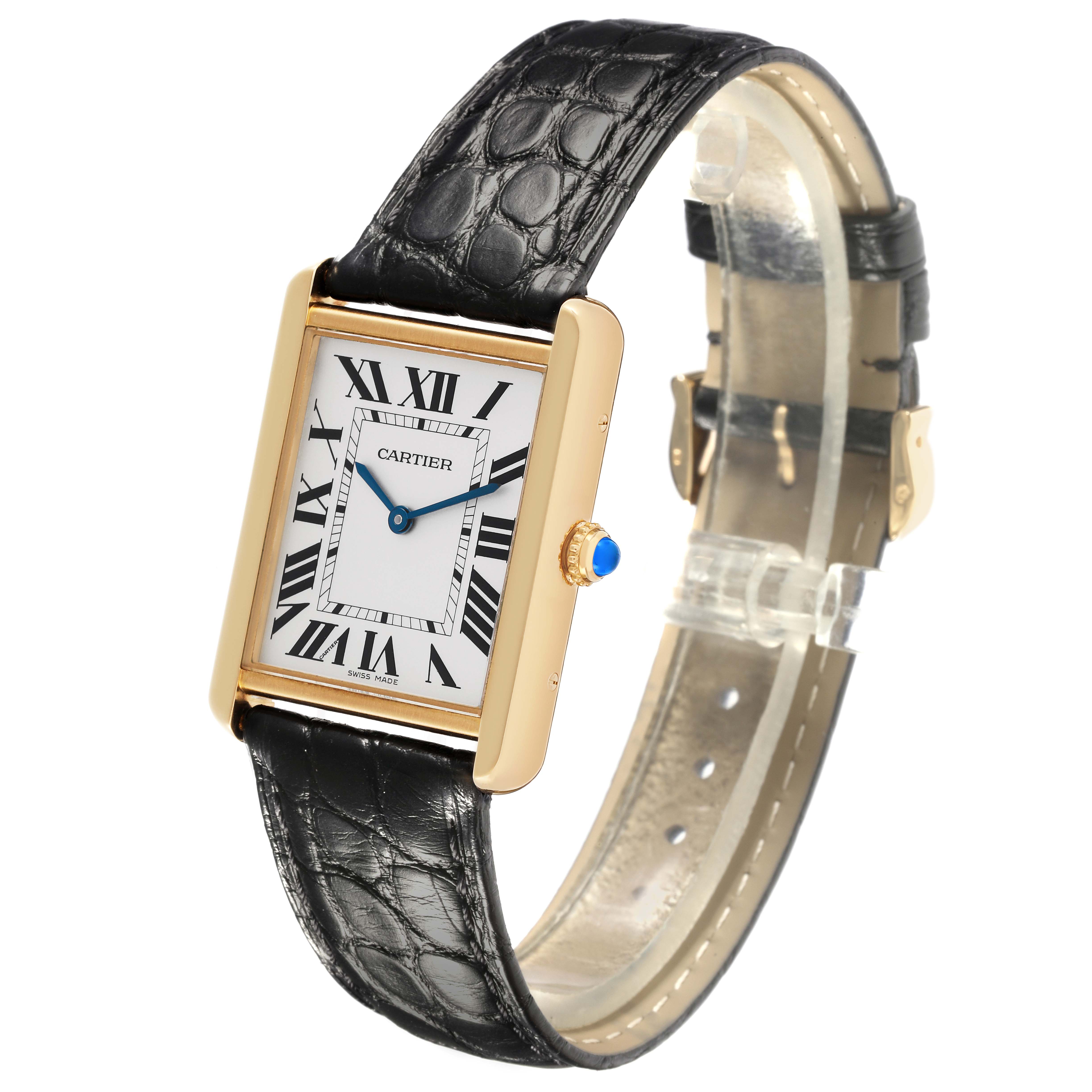 The Cartier Tank Solo W5200004 Men's Steel and Gold (two tone) Silver Dial W5200004 Men's Steel and Gold (two tone) Silver Dial watch is shown at a slight angle, highlighting its face, gold casing, black leather strap, and blue crown.