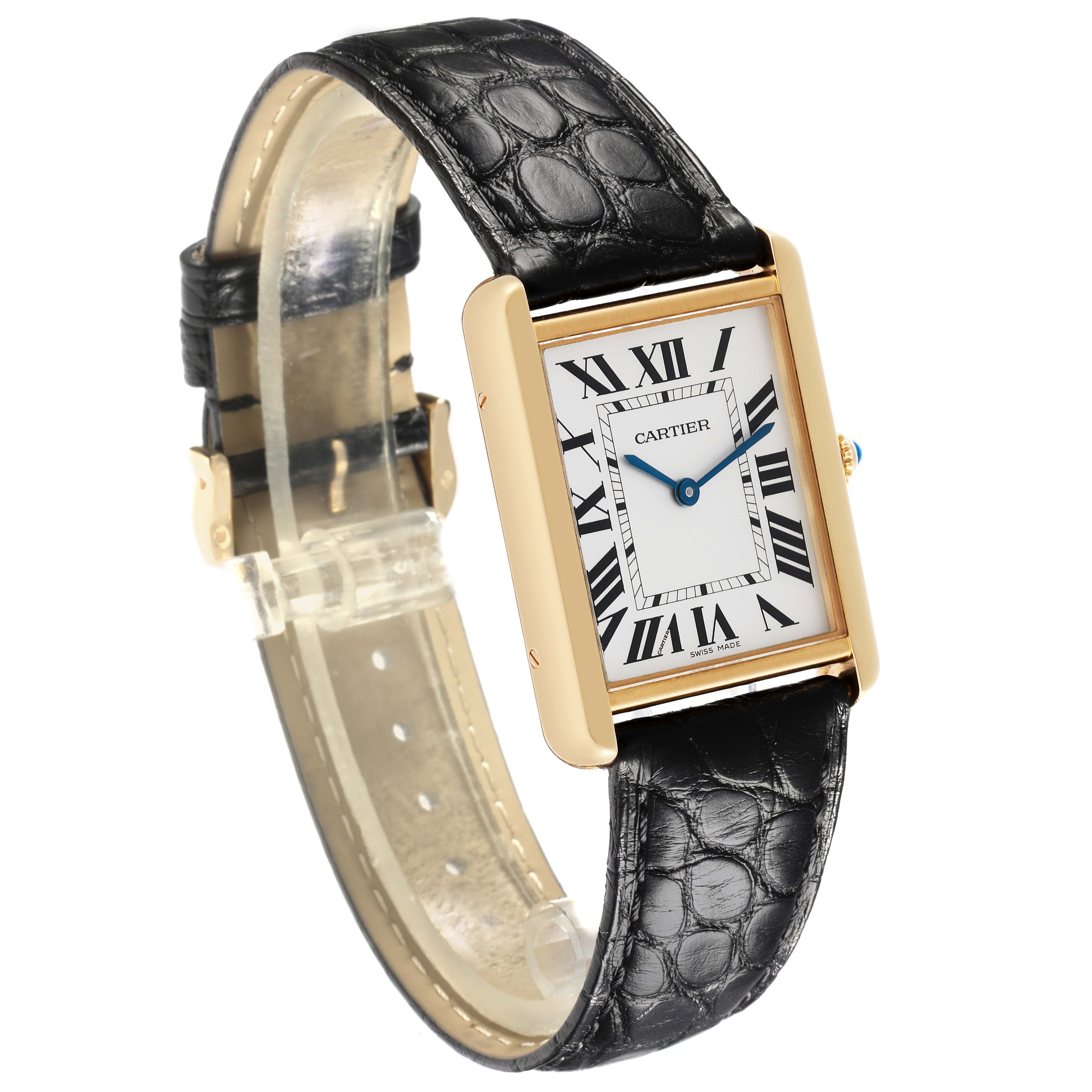The Cartier Tank Solo W5200004 Men's Steel and Gold (two tone) Silver Dial W5200004 Men's Steel and Gold (two tone) Silver Dial is shown at a tilted angle, displaying its rectangular face, Roman numerals, and leather strap.