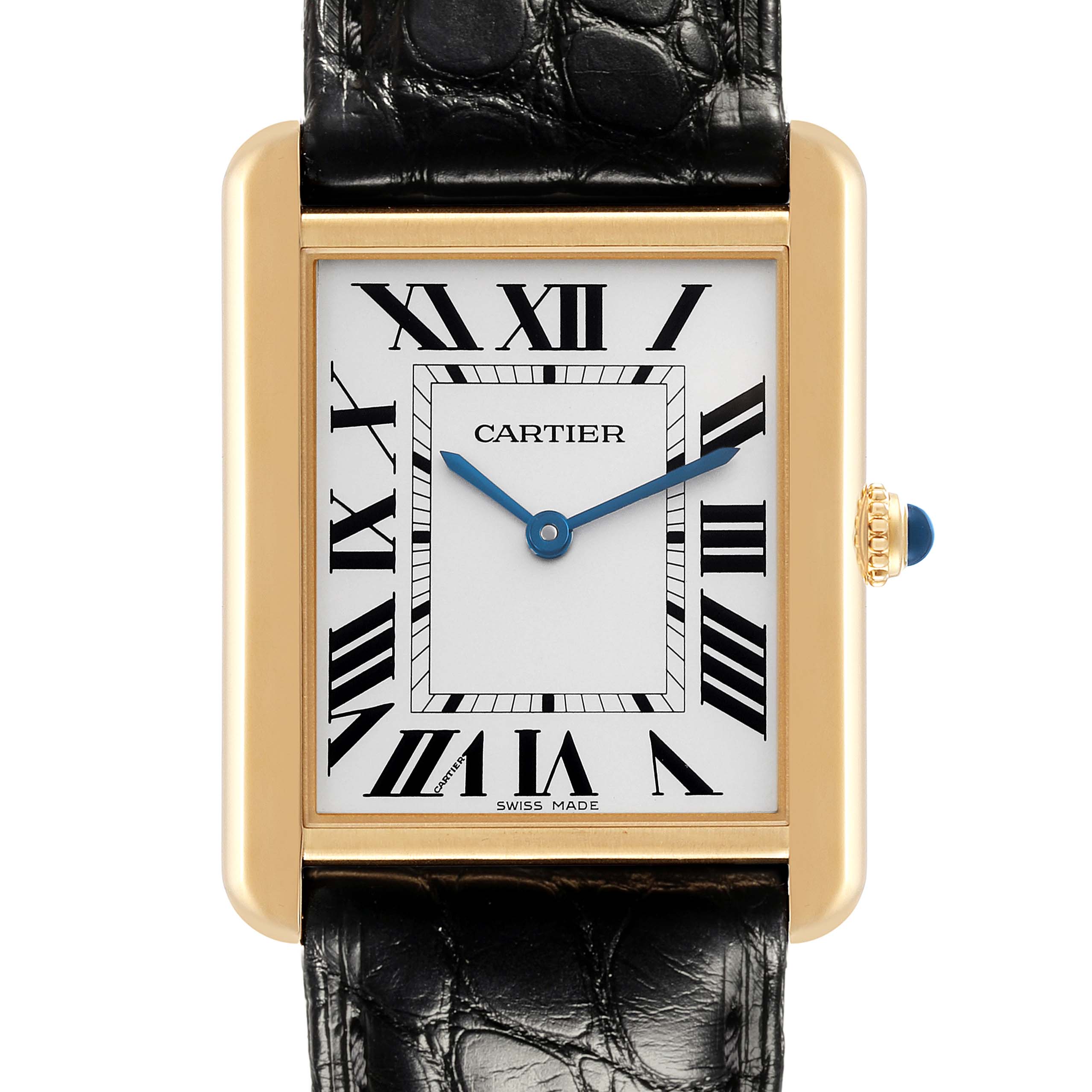 The Cartier Tank Solo W5200004 Men's Steel and Gold (two tone) Silver Dial W5200004 Men's Steel and Gold (two tone) Silver Dial watch is shown from a front angle, displaying the face, case, crown, and part of the leather strap.