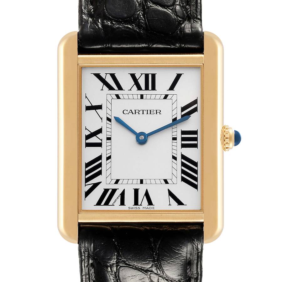 The Cartier Tank Solo watch is shown from a front angle, displaying the face, case, crown, and part of the leather strap.