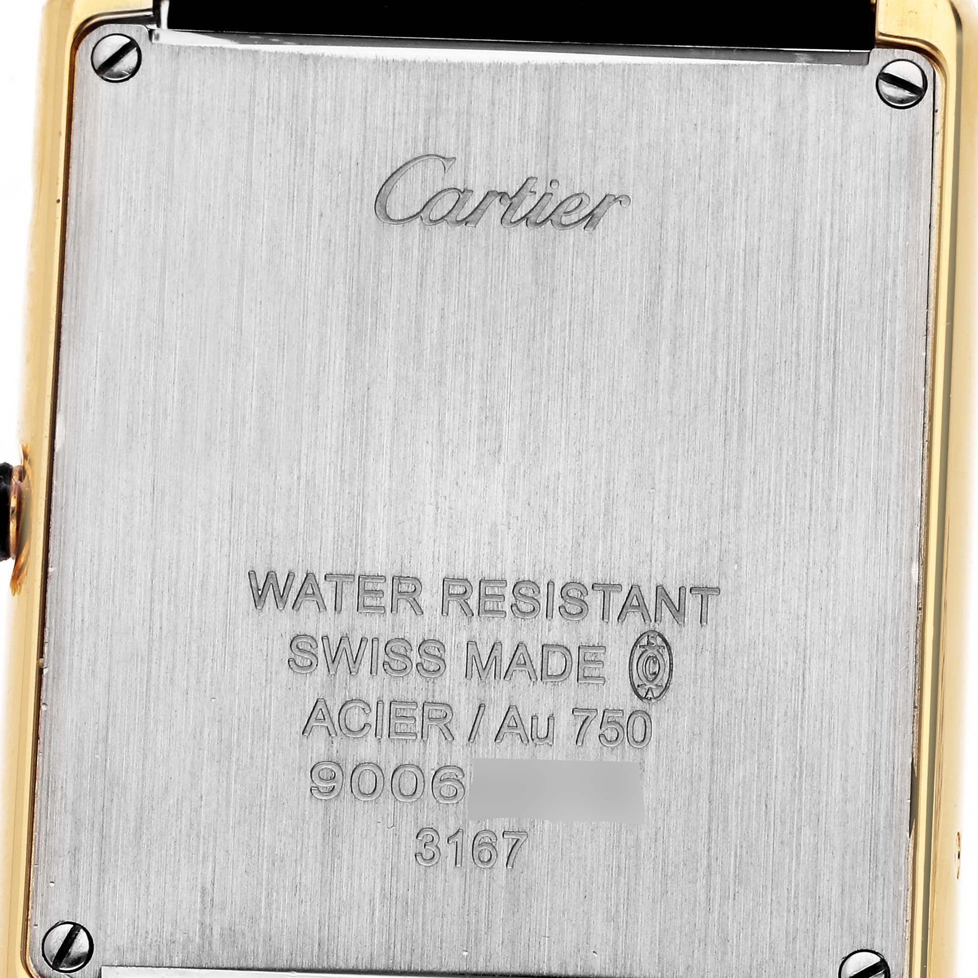 The image shows the back case of the Cartier Tank Solo W5200004 Men's Steel and Gold (two tone) Silver Dial W5200004 Men's Steel and Gold (two tone) Silver Dial watch, highlighting its water resistance and Swiss-made details.
