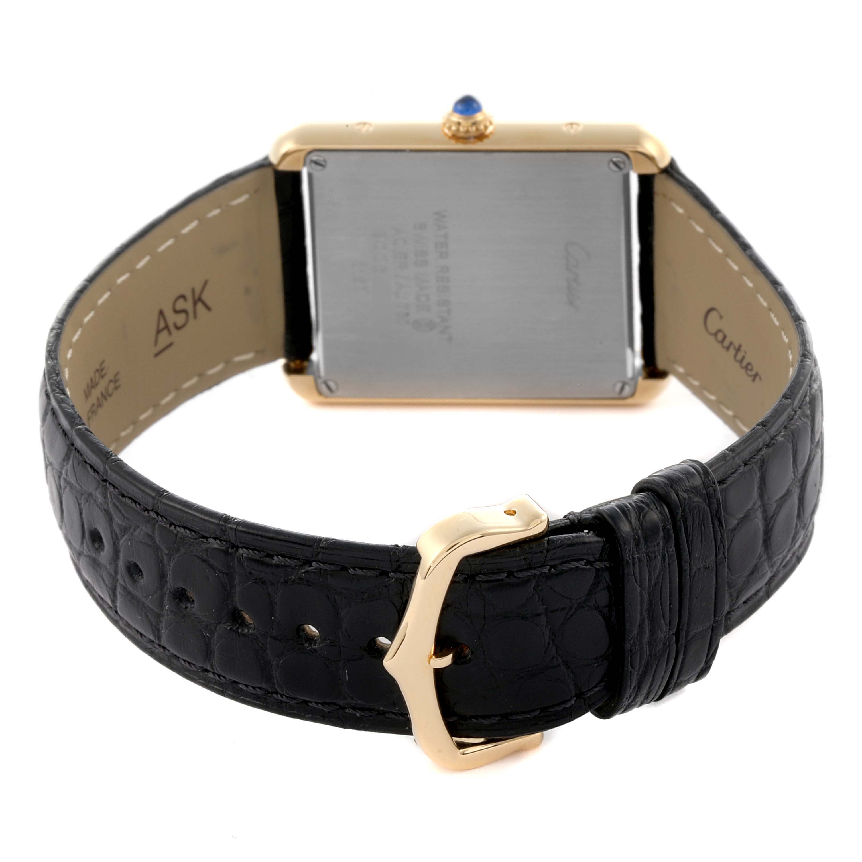 The Cartier Tank Solo W5200004 Men's Steel and Gold (two tone) Silver Dial W5200004 Men's Steel and Gold (two tone) Silver Dial watch is shown from the back, displaying the case, buckle, and strap in a partial side angle.