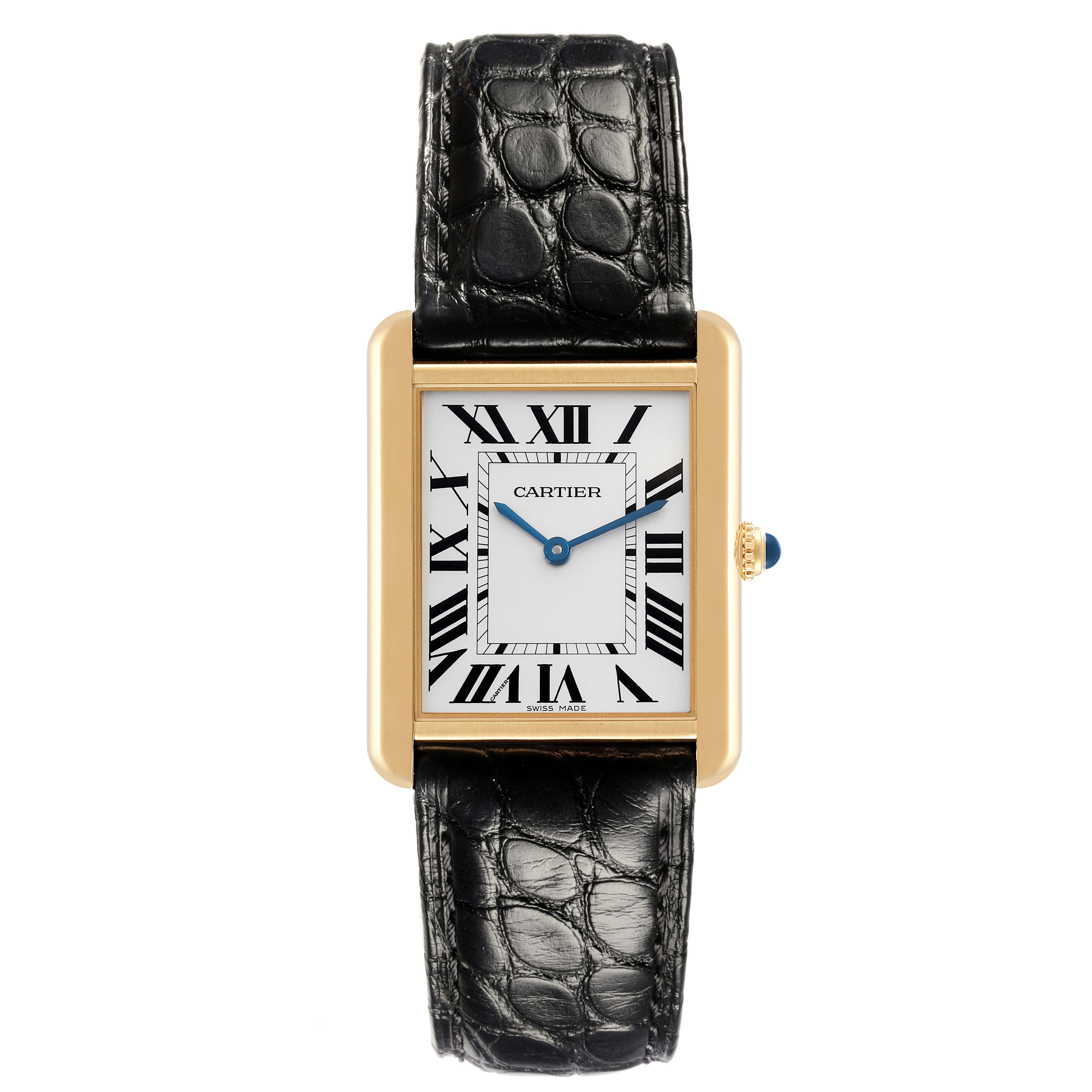The Cartier Tank Solo W5200004 Men's Steel and Gold (two tone) Silver Dial W5200004 Men's Steel and Gold (two tone) Silver Dial watch is shown from the front, displaying its rectangular face, Roman numerals, and leather strap.
