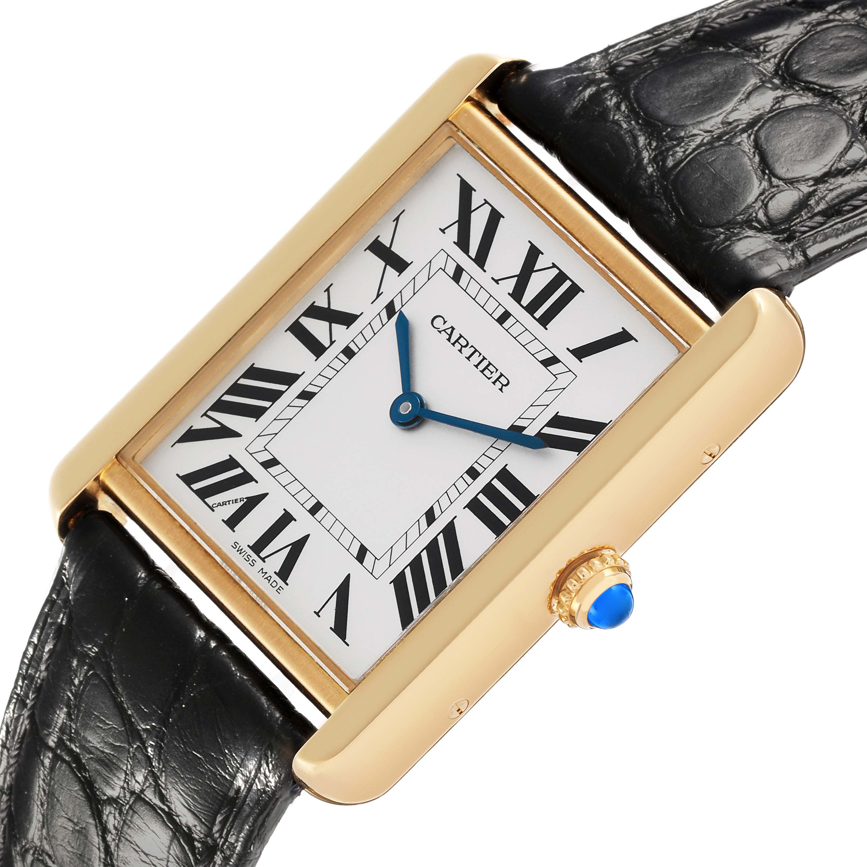 The Cartier Tank Solo W5200004 Men's Steel and Gold (two tone) Silver Dial W5200004 Men's Steel and Gold (two tone) Silver Dial watch is shown at a slight angle, highlighting the face, bezel, crown, and part of the strap.