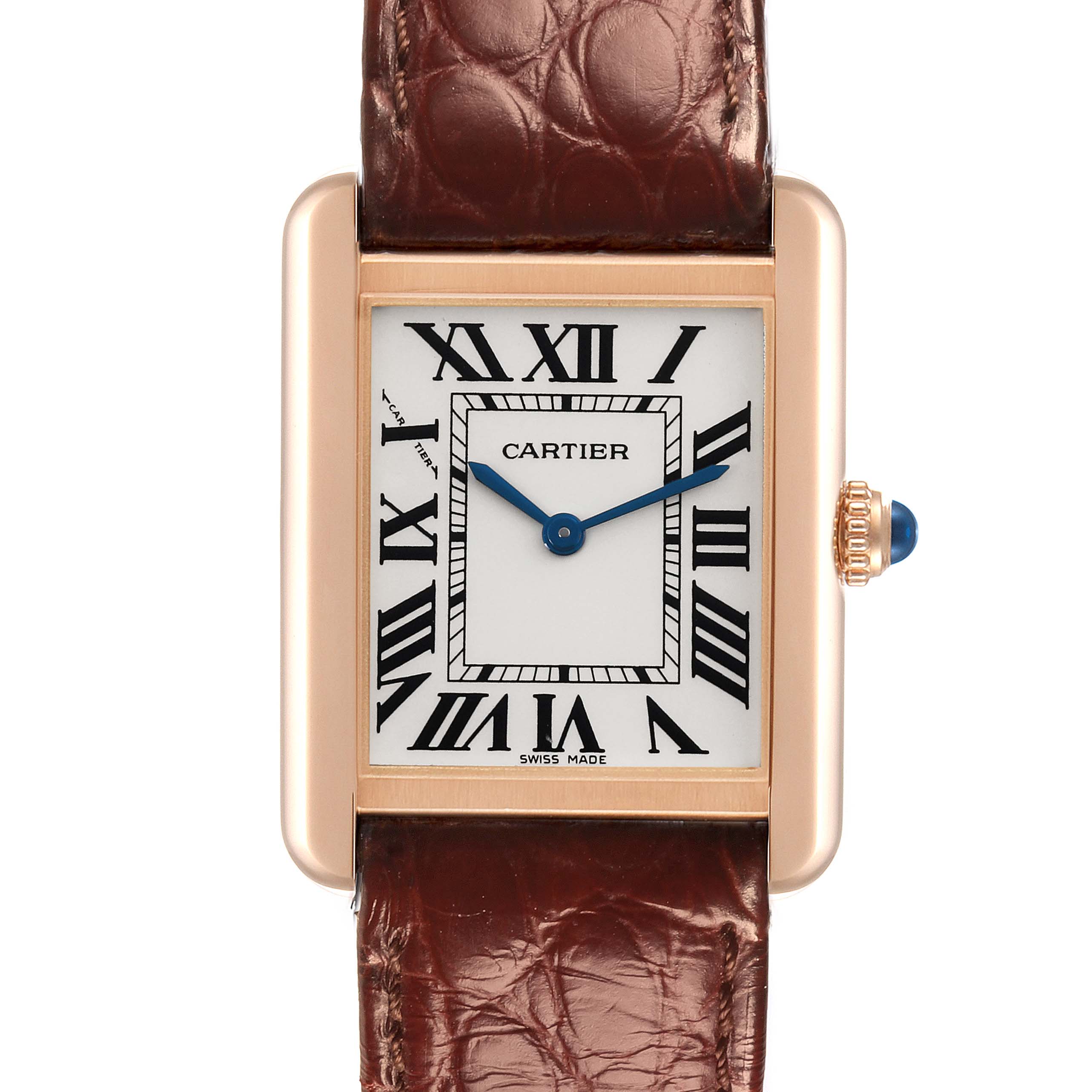 The Cartier Tank Solo W5200024 Women's Steel and Gold (two tone) Silver Dial W5200024 Women's Steel and Gold (two tone) Silver Dial watch is shown from a front angle, featuring the face, case, and part of the leather strap.