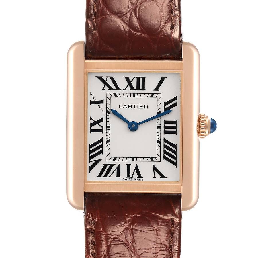 The Cartier Tank Solo watch is shown from a front angle, featuring the face, case, and part of the leather strap.