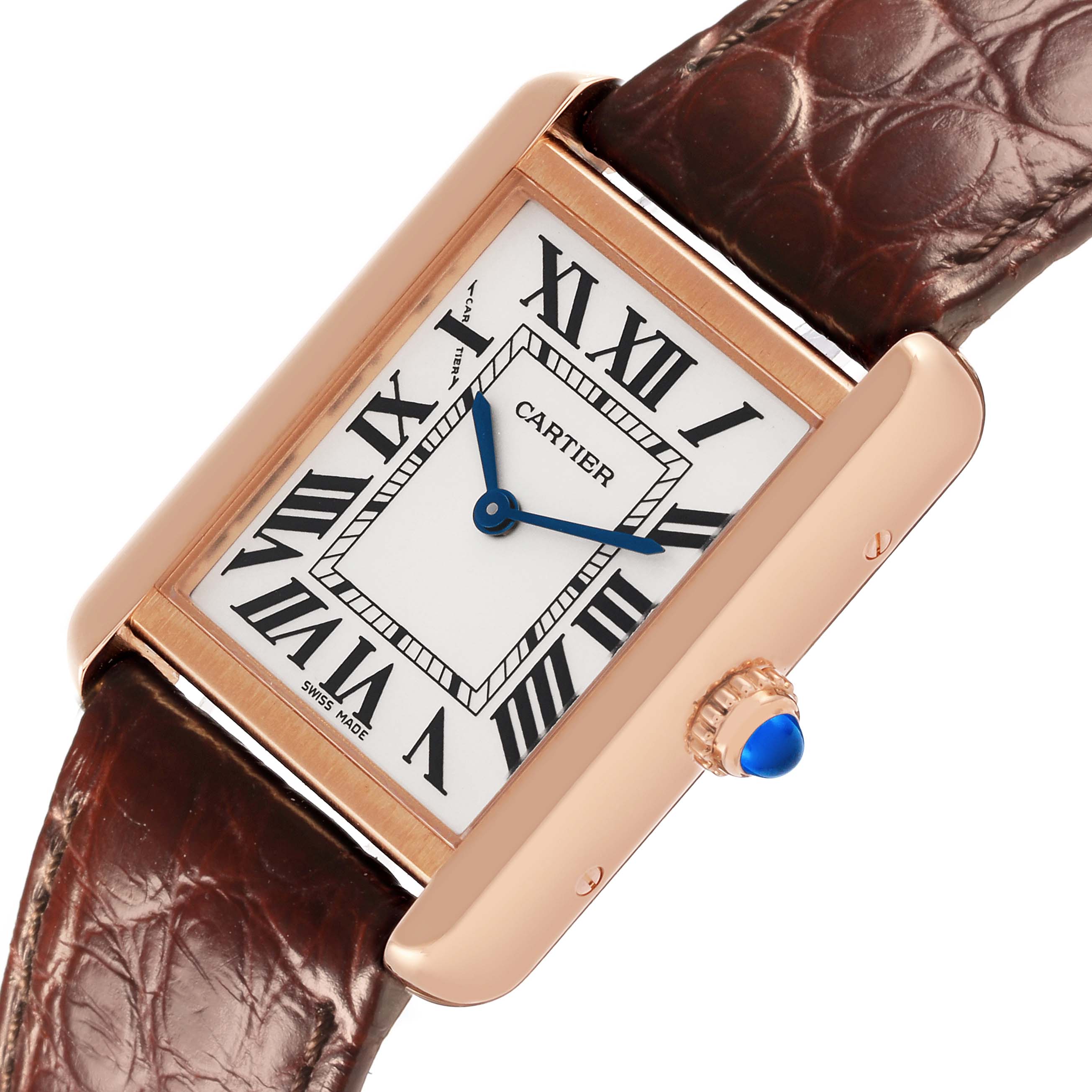 This Cartier Tank Solo W5200024 Women's Steel and Gold (two tone) Silver Dial W5200024 Women's Steel and Gold (two tone) Silver Dial watch is shown at an angle highlighting the face, side crown, and part of the leather strap.