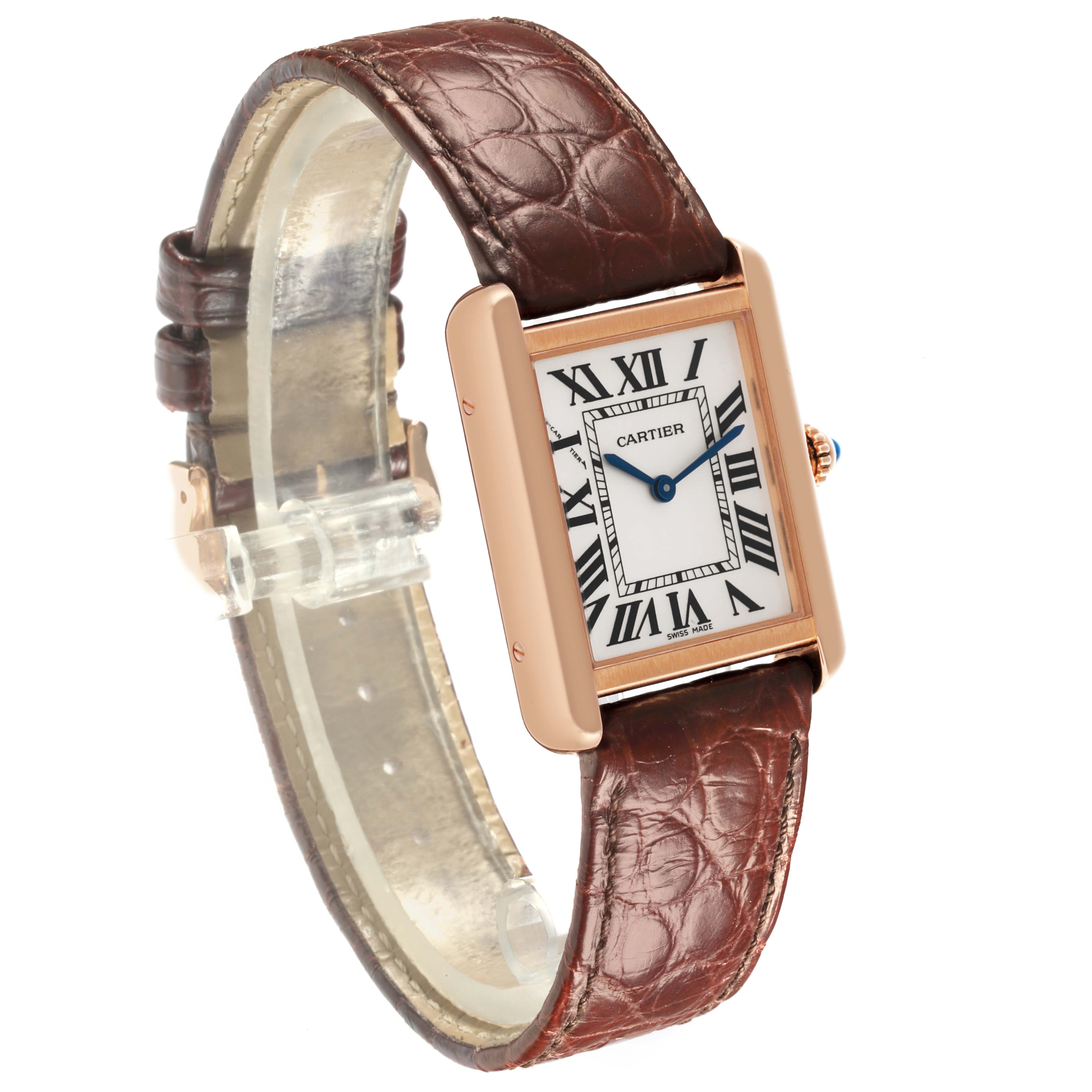 The Cartier Tank Solo W5200024 Women's Steel and Gold (two tone) Silver Dial W5200024 Women's Steel and Gold (two tone) Silver Dial watch is shown at an oblique angle, highlighting the face, case, strap, and crown.