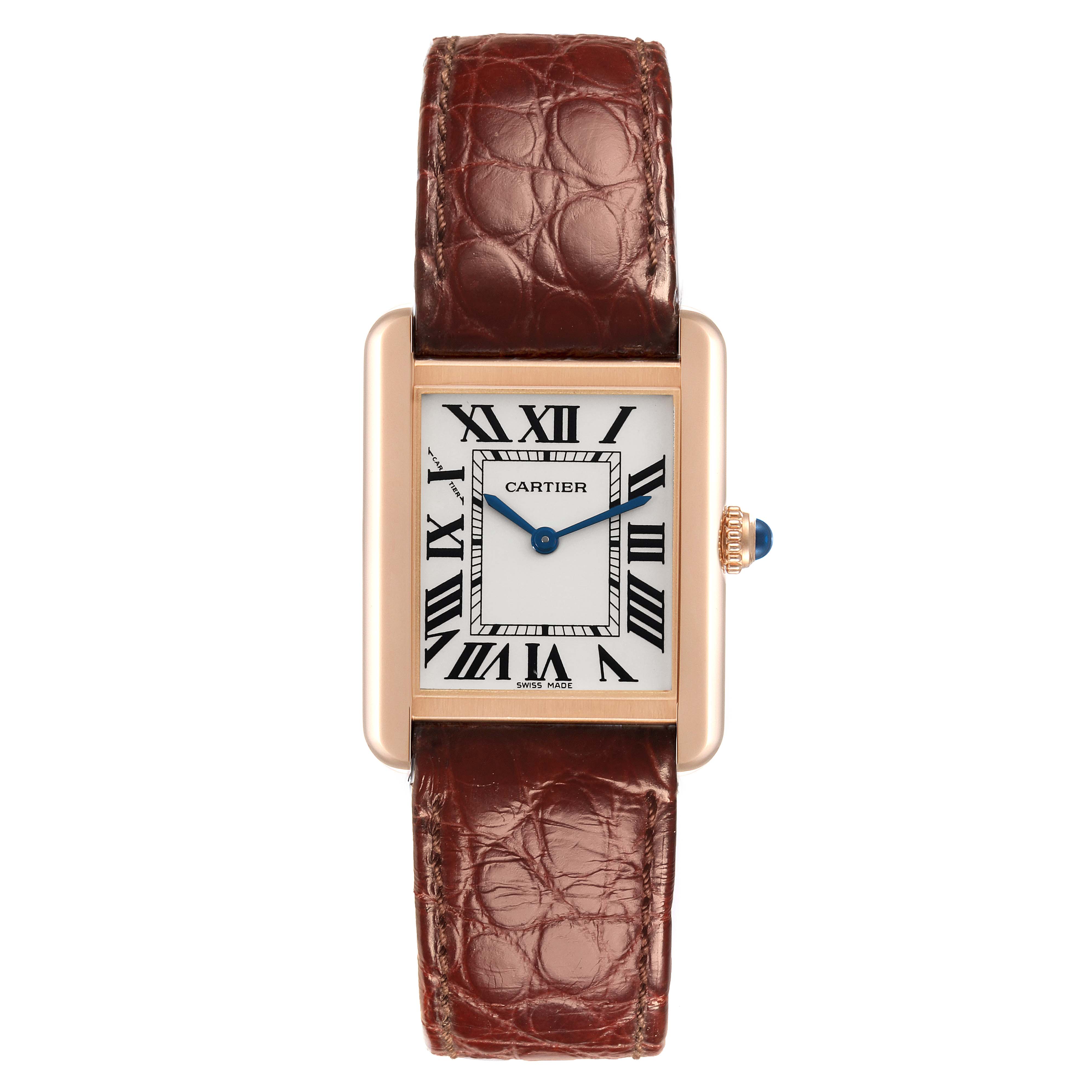 The Cartier Tank Solo W5200024 Women's Steel and Gold (two tone) Silver Dial W5200024 Women's Steel and Gold (two tone) Silver Dial watch is shown from a front angle, displaying its face, strap, and crown.