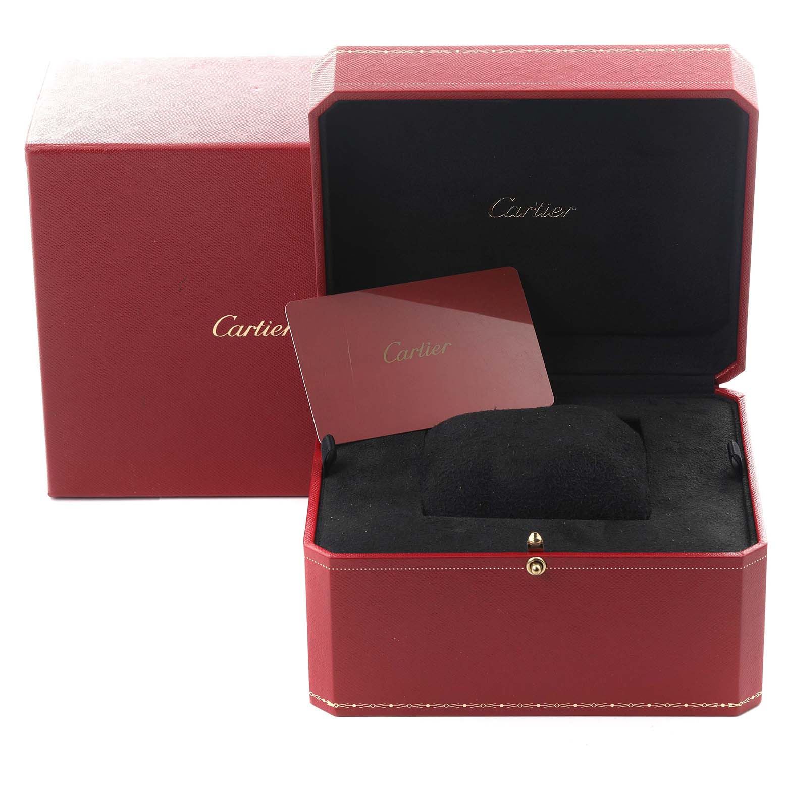 The image shows a Cartier Tank Solo W5200024 Women's Steel and Gold (two tone) Silver Dial W5200024 Women's Steel and Gold (two tone) Silver Dial watch box, open with a card inside, displaying both the outer and inner packaging.