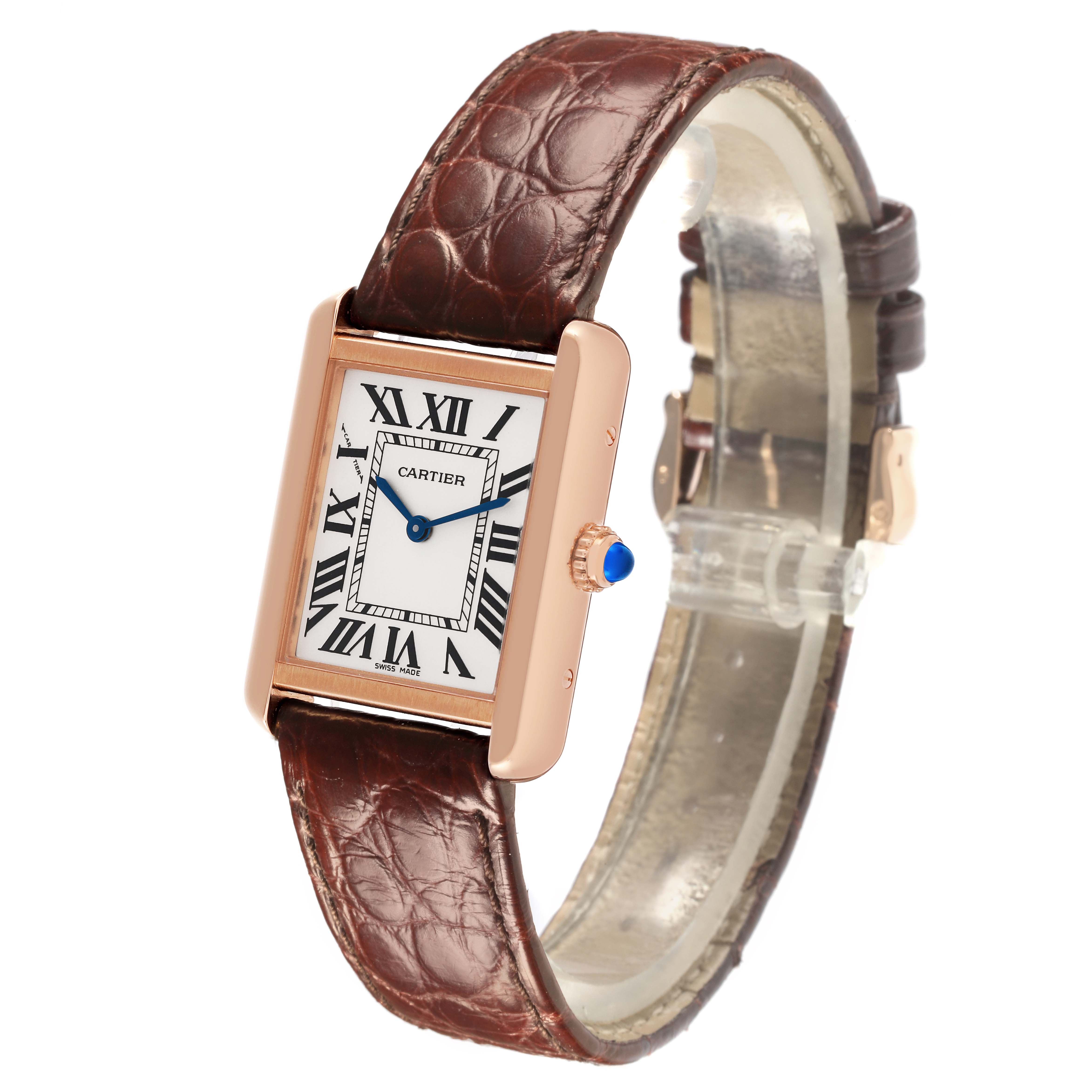 The Cartier Tank Solo W5200024 Women's Steel and Gold (two tone) Silver Dial W5200024 Women's Steel and Gold (two tone) Silver Dial watch is shown at a slight angle, highlighting the rectangular face, Roman numerals, leather strap, and crown.