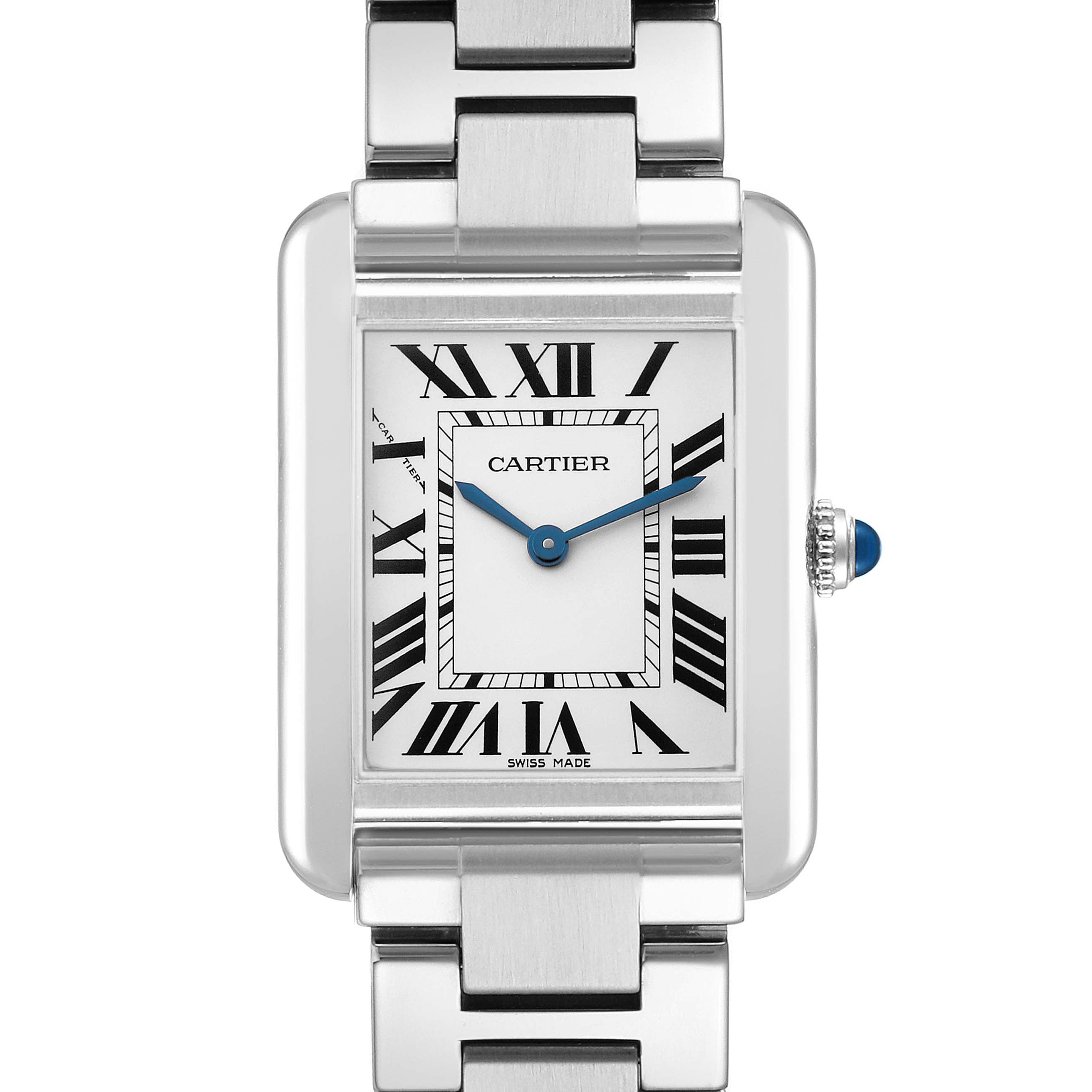 The Cartier Tank Solo W5200013 Women's Stainless Steel Silver Dial watch is shown from the front, focusing on its face, Roman numerals, and stainless steel bracelet.