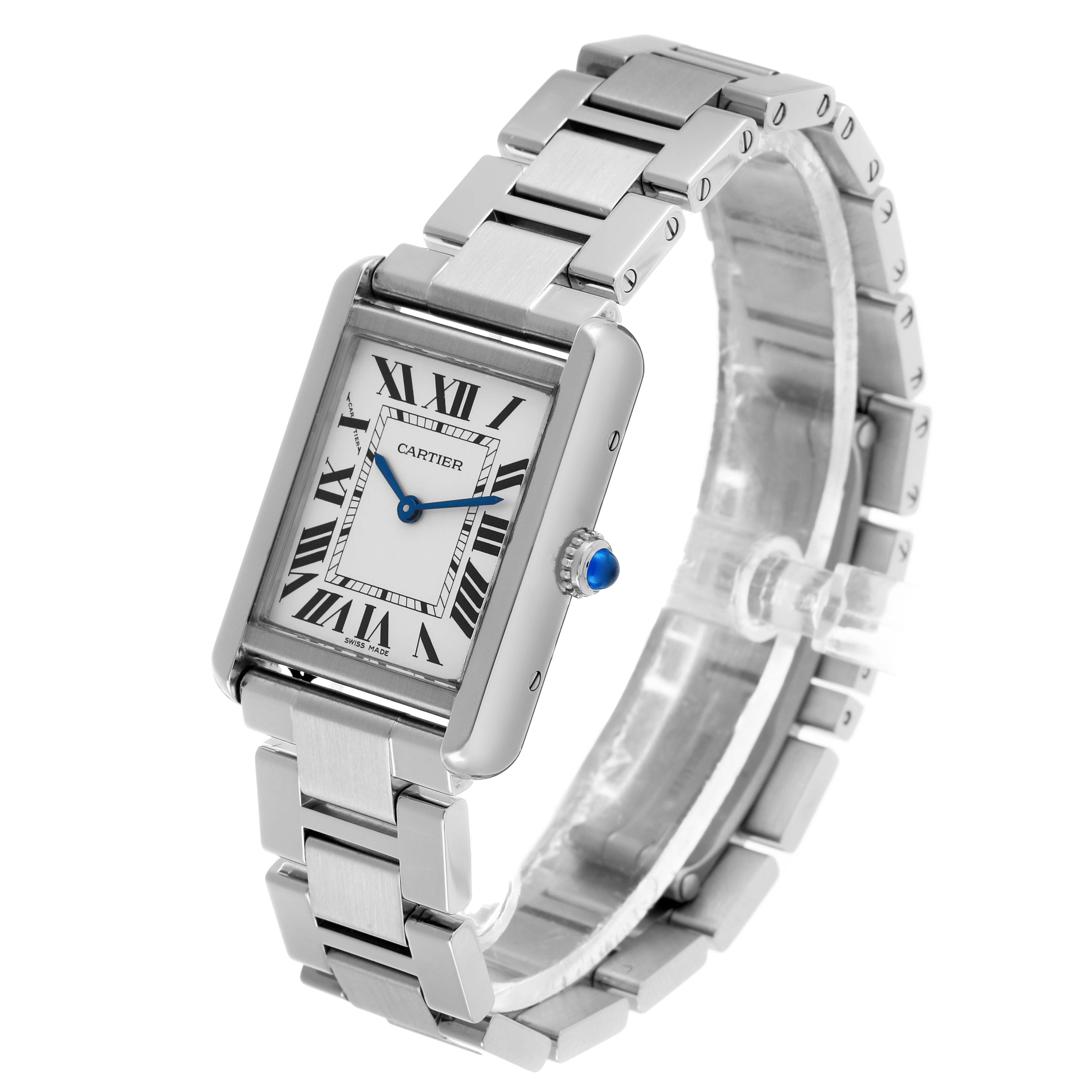 The Cartier Tank Solo W5200013 Women's Stainless Steel Silver Dial watch is shown at a three-quarter angle, highlighting the case, bracelet, and blue cabochon crown.