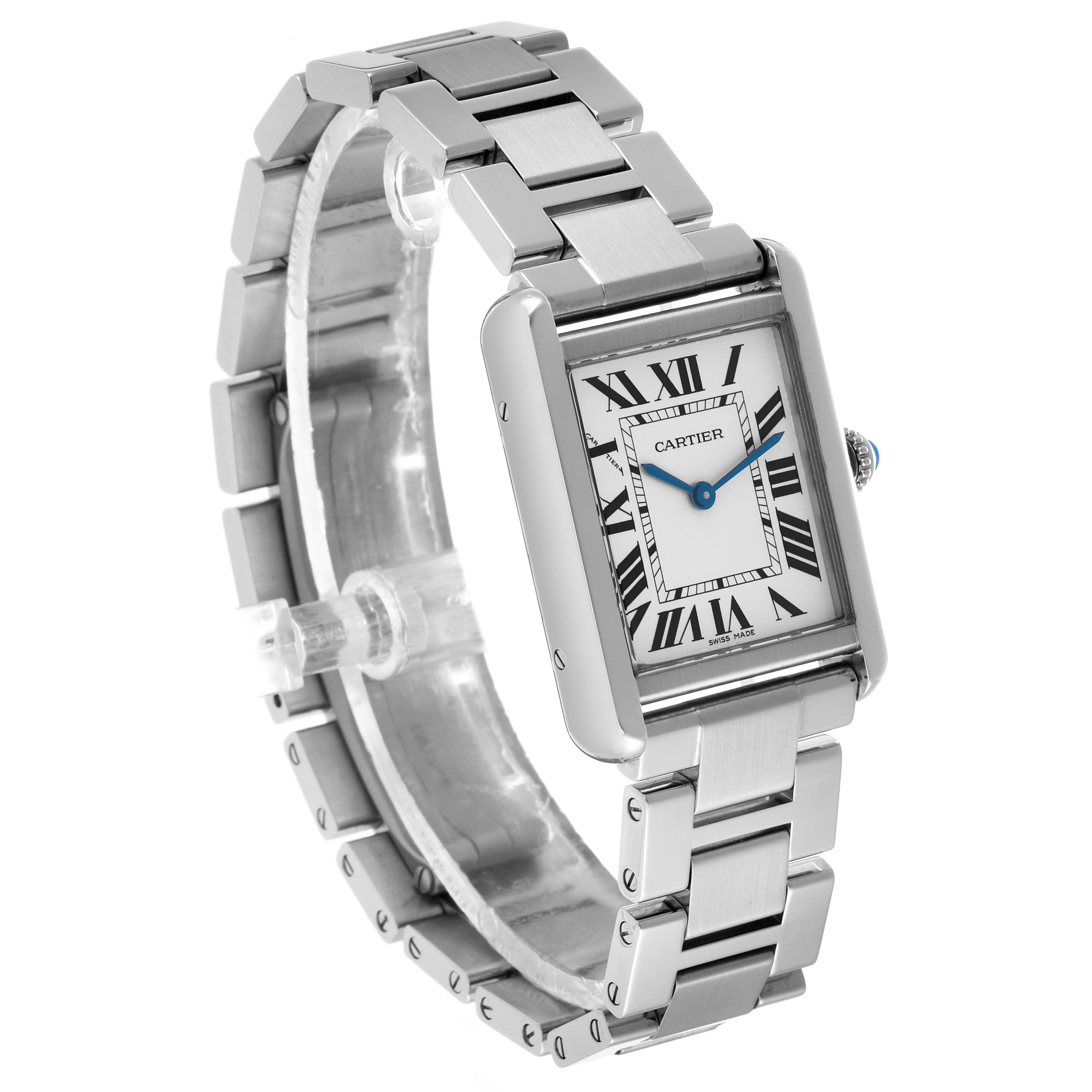 The Cartier Tank Solo W5200013 Women's Stainless Steel Silver Dial watch is shown at a three-quarter angle, highlighting the face, bracelet, and side crown.