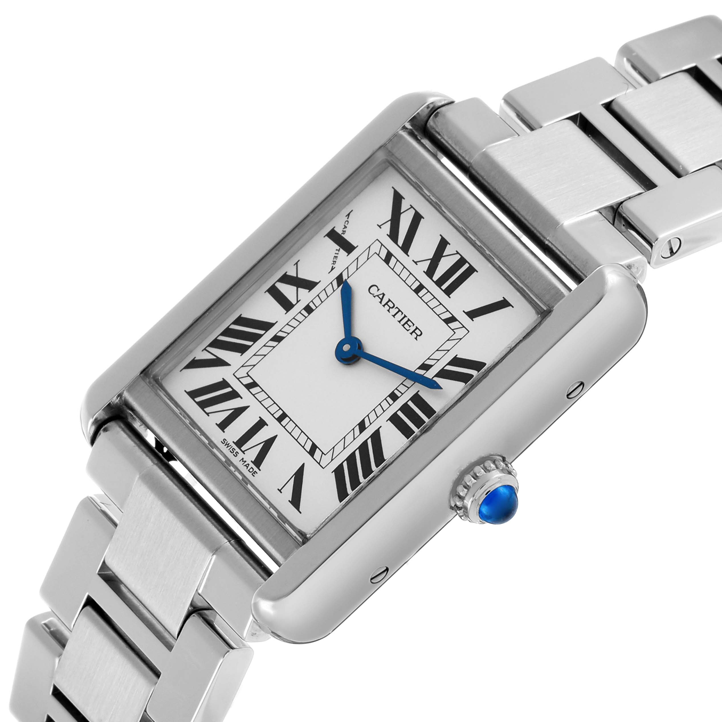 The Cartier Tank Solo W5200013 Women's Stainless Steel Silver Dial watch is shown at an angled top view, displaying the dial, Roman numerals, hands, crown, and part of the bracelet.
