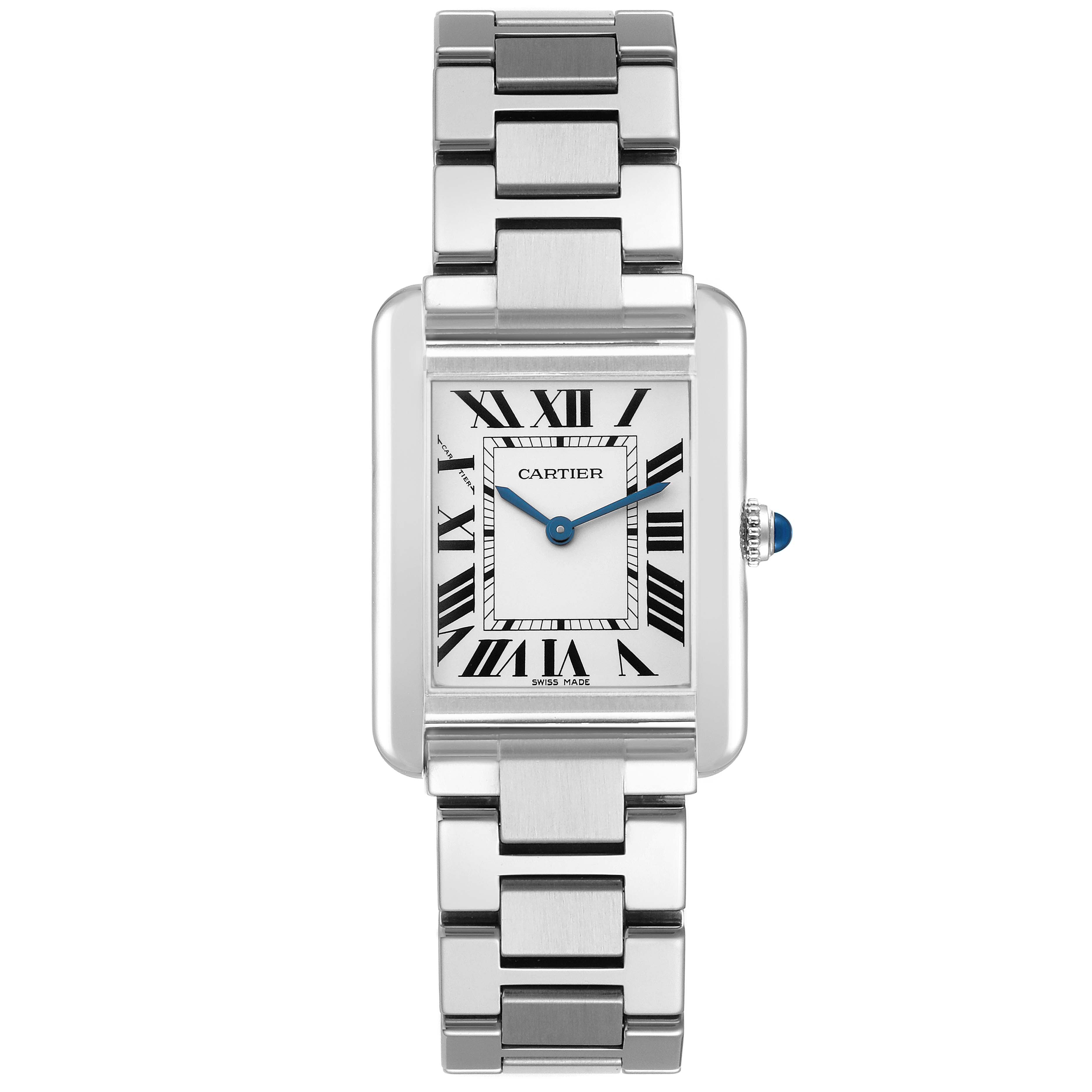 The Cartier Tank Solo W5200013 Women's Stainless Steel Silver Dial watch is shown from the front, displaying its rectangular face and metal bracelet.