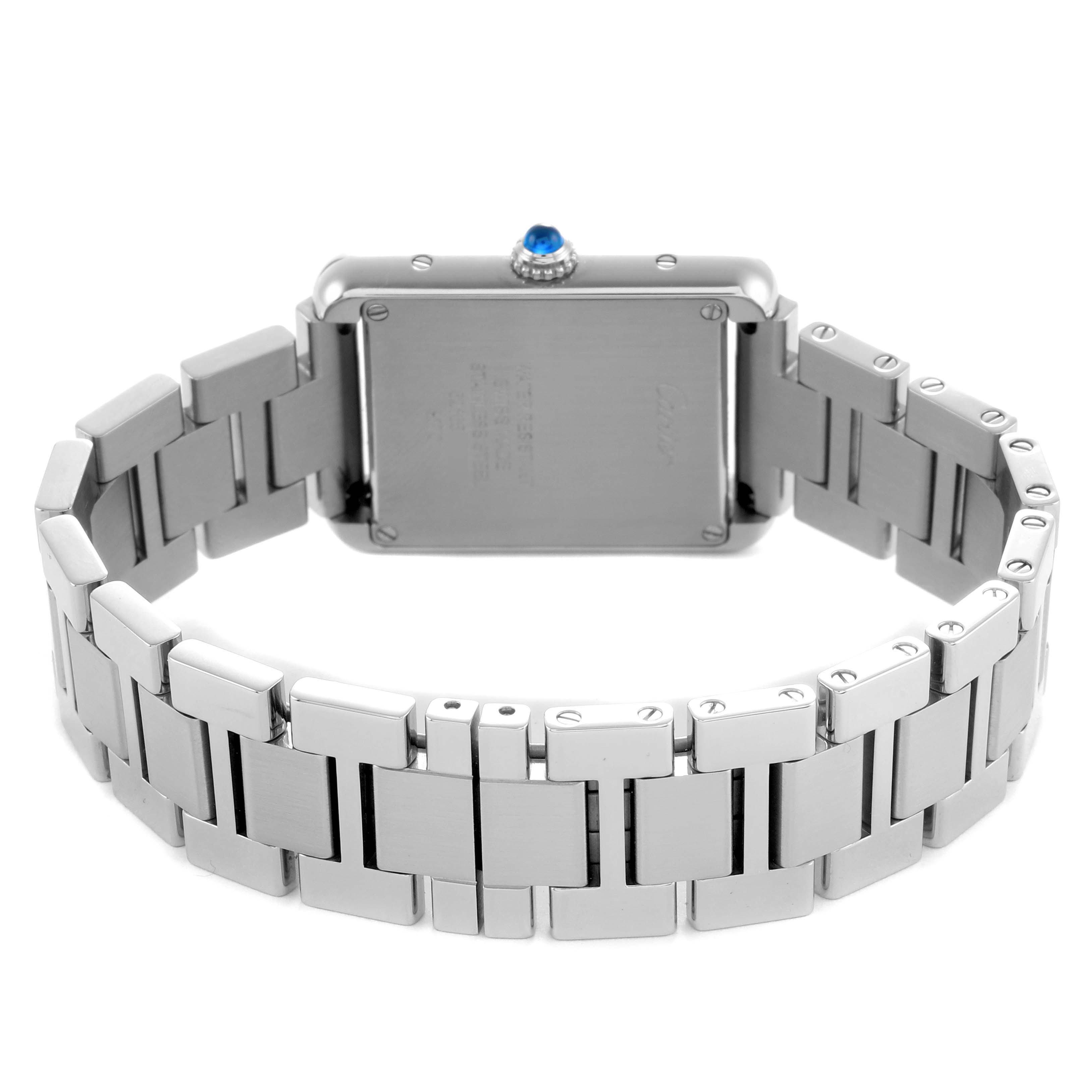 The Cartier Tank Solo W5200013 Women's Stainless Steel Silver Dial watch is shown from the back, displaying the case back, bracelet, and a side view of the crown.