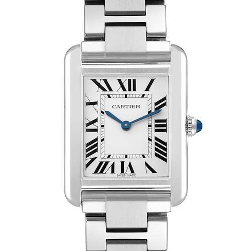 The Cartier Tank Solo W5200013 Women's Stainless Steel Silver Dial watch is shown from a front angle, displaying its rectangular face with Roman numerals and a metal bracelet.
