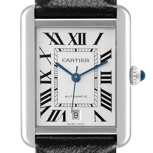 The Cartier Tank Solo watch is shown from the front, highlighting the dial, Roman numerals, hands, and crown.