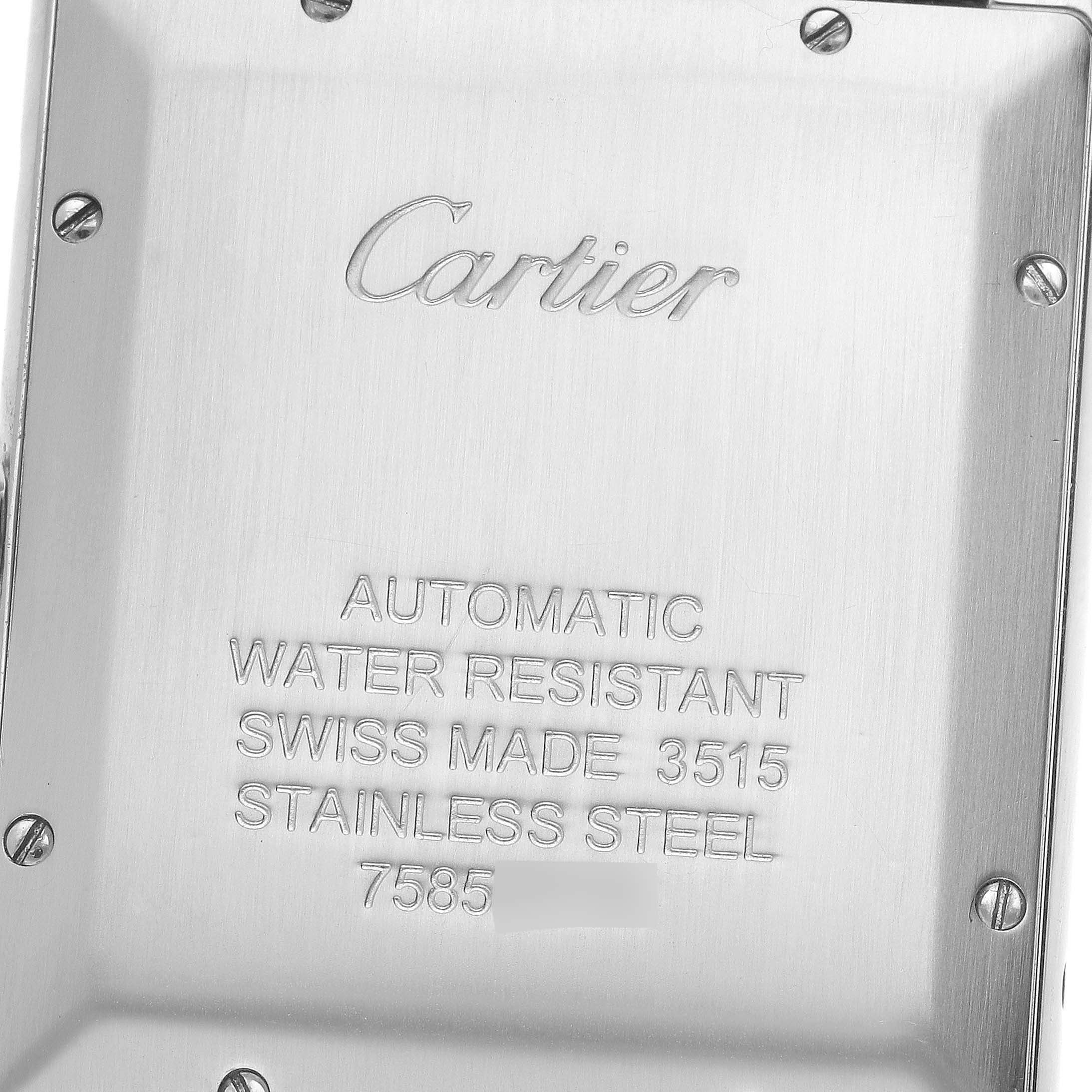 The image shows the back of a Cartier Tank Solo W5200027 Men's Stainless Steel Silver Dial W5200027 Men's Stainless Steel Silver Dial watch, highlighting the engraved details.