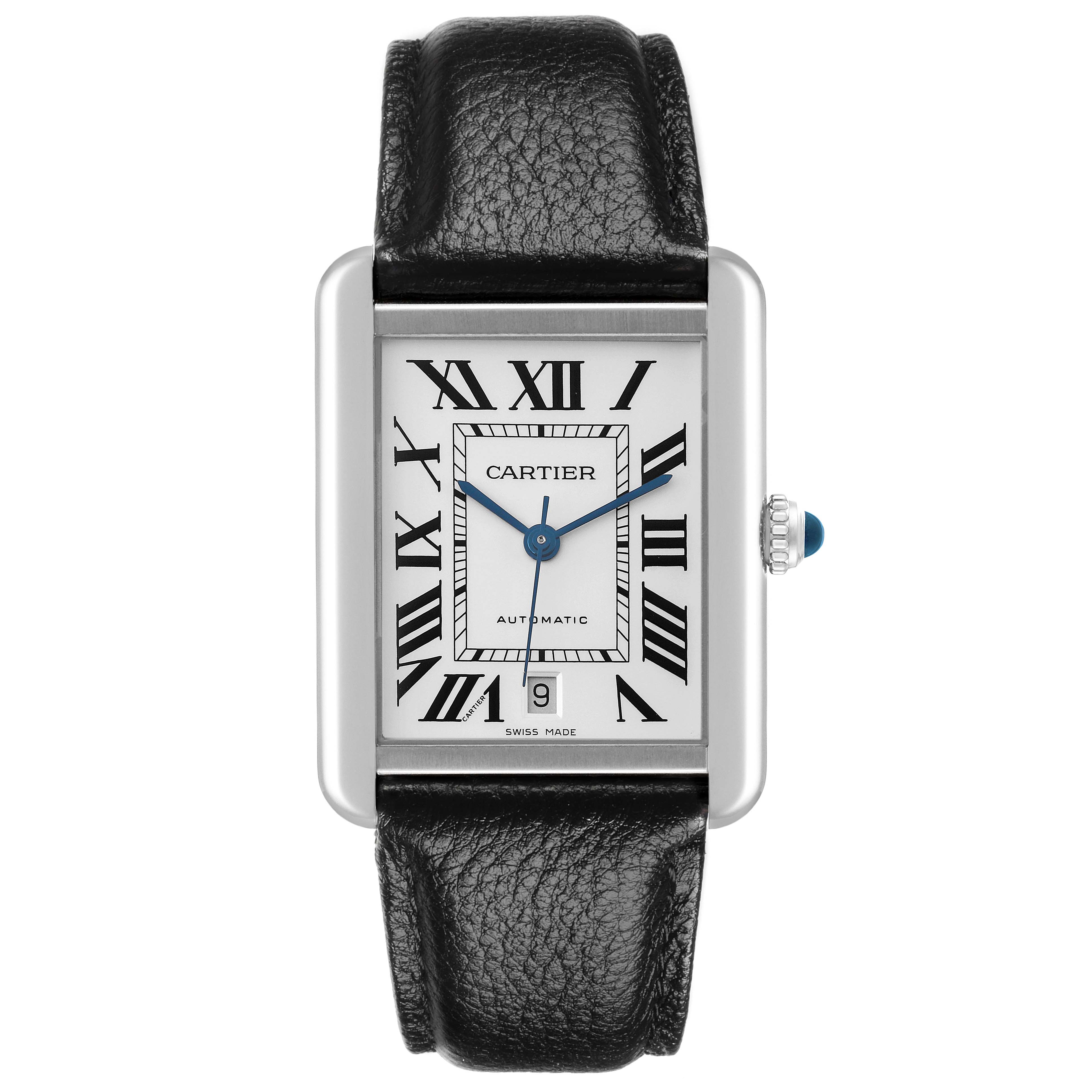 The Cartier Tank Solo W5200027 Men's Stainless Steel Silver Dial W5200027 Men's Stainless Steel Silver Dial watch is shown from a front view, displaying its face, leather strap, and crown.