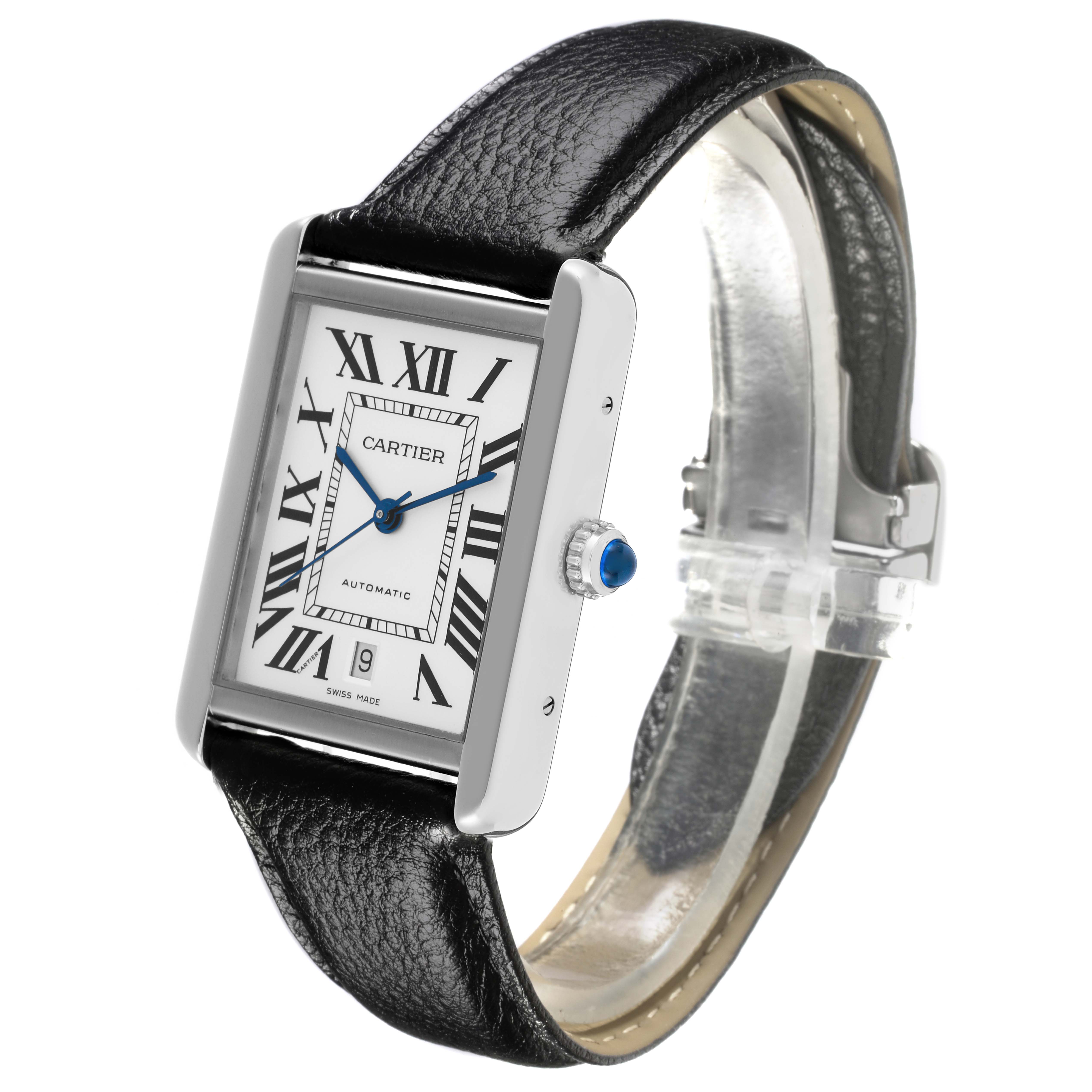 The Cartier Tank Solo W5200027 Men's Stainless Steel Silver Dial W5200027 Men's Stainless Steel Silver Dial watch is shown at a three-quarter angle, highlighting the face, case, crown, and leather strap.