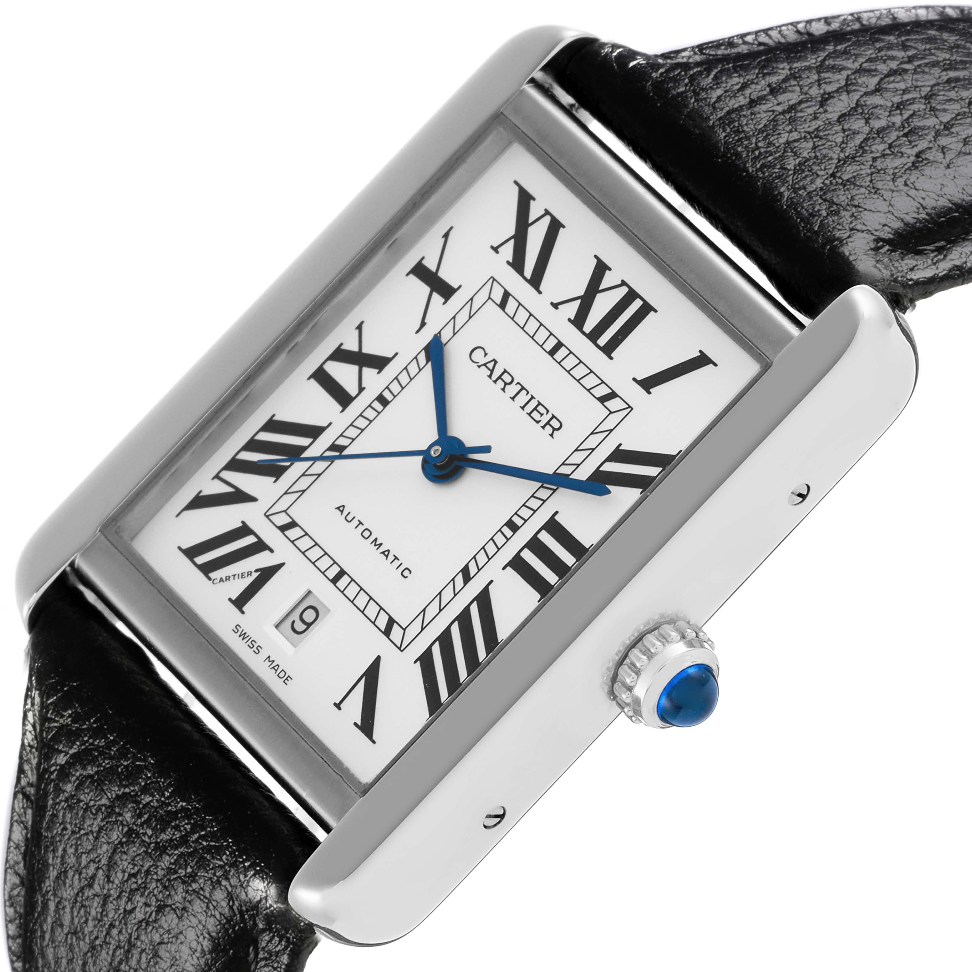 The Cartier Tank Solo W5200027 Men's Stainless Steel Silver Dial W5200027 Men's Stainless Steel Silver Dial watch is shown at an angle displaying the face, crown, and part of the leather strap.