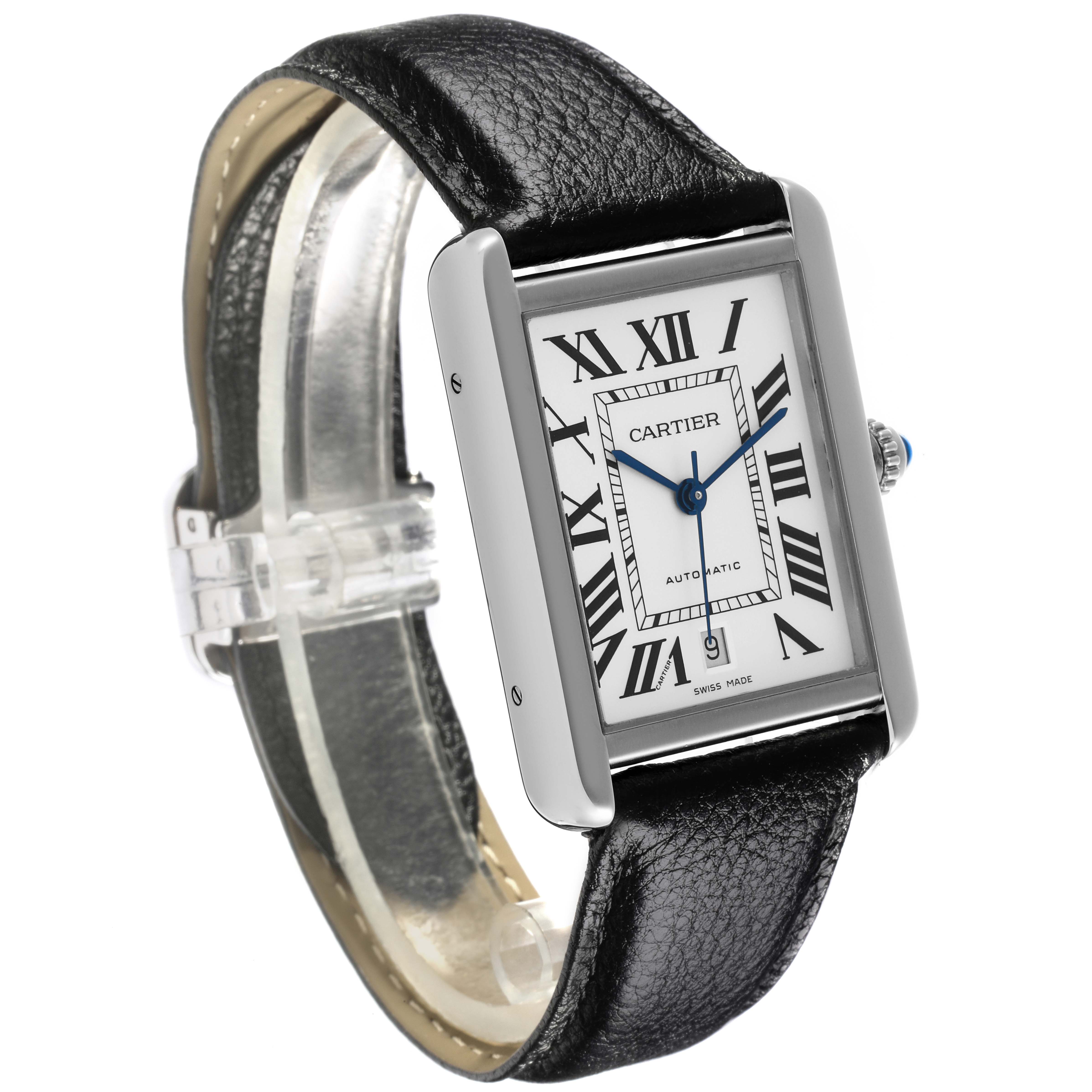 The Cartier Tank Solo W5200027 Men's Stainless Steel Silver Dial W5200027 Men's Stainless Steel Silver Dial watch is shown at a slight angle, highlighting its rectangular dial, Roman numerals, and leather strap.