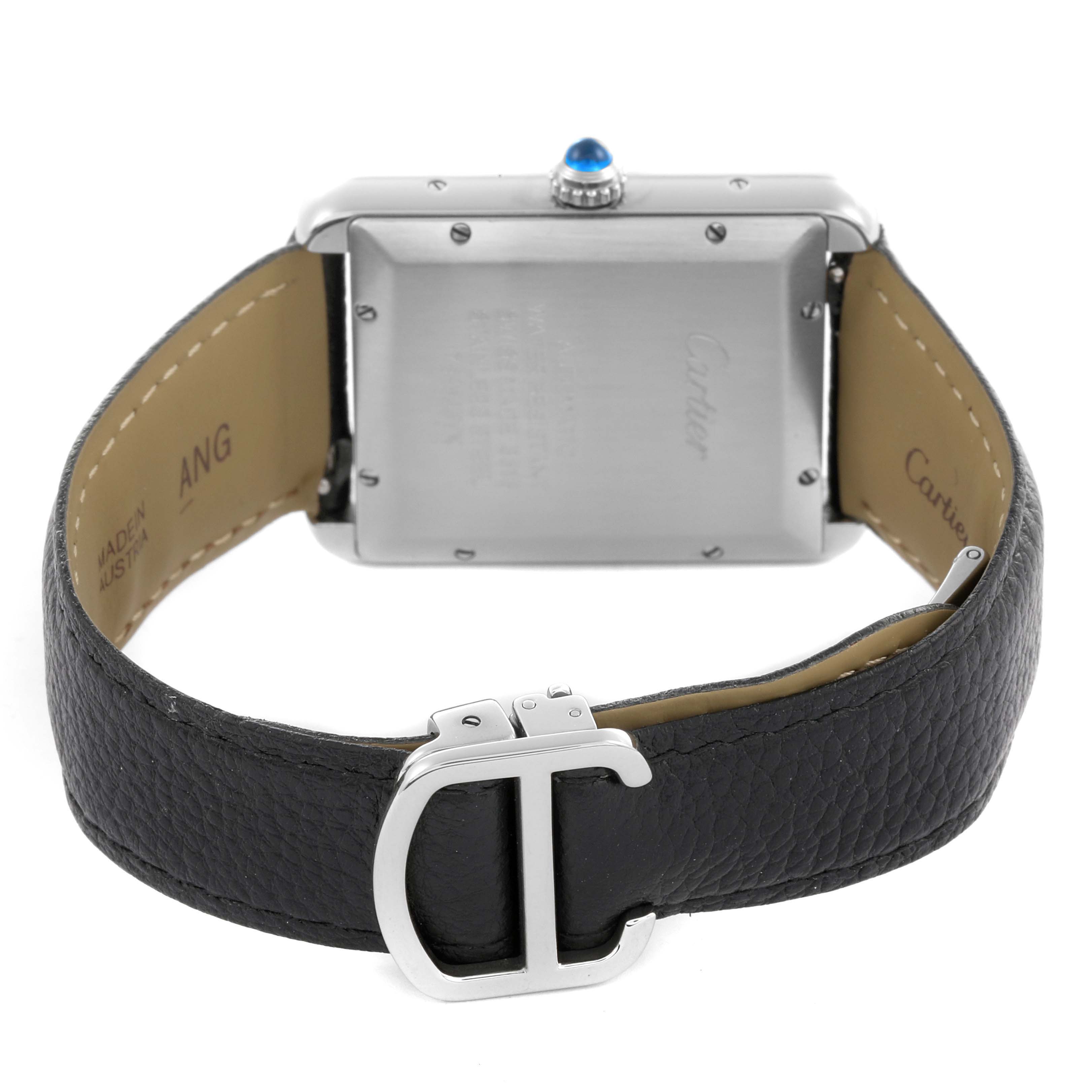 The image shows the back view of a Cartier Tank Solo W5200027 Men's Stainless Steel Silver Dial W5200027 Men's Stainless Steel Silver Dial watch, highlighting the case back, leather strap, and clasp.