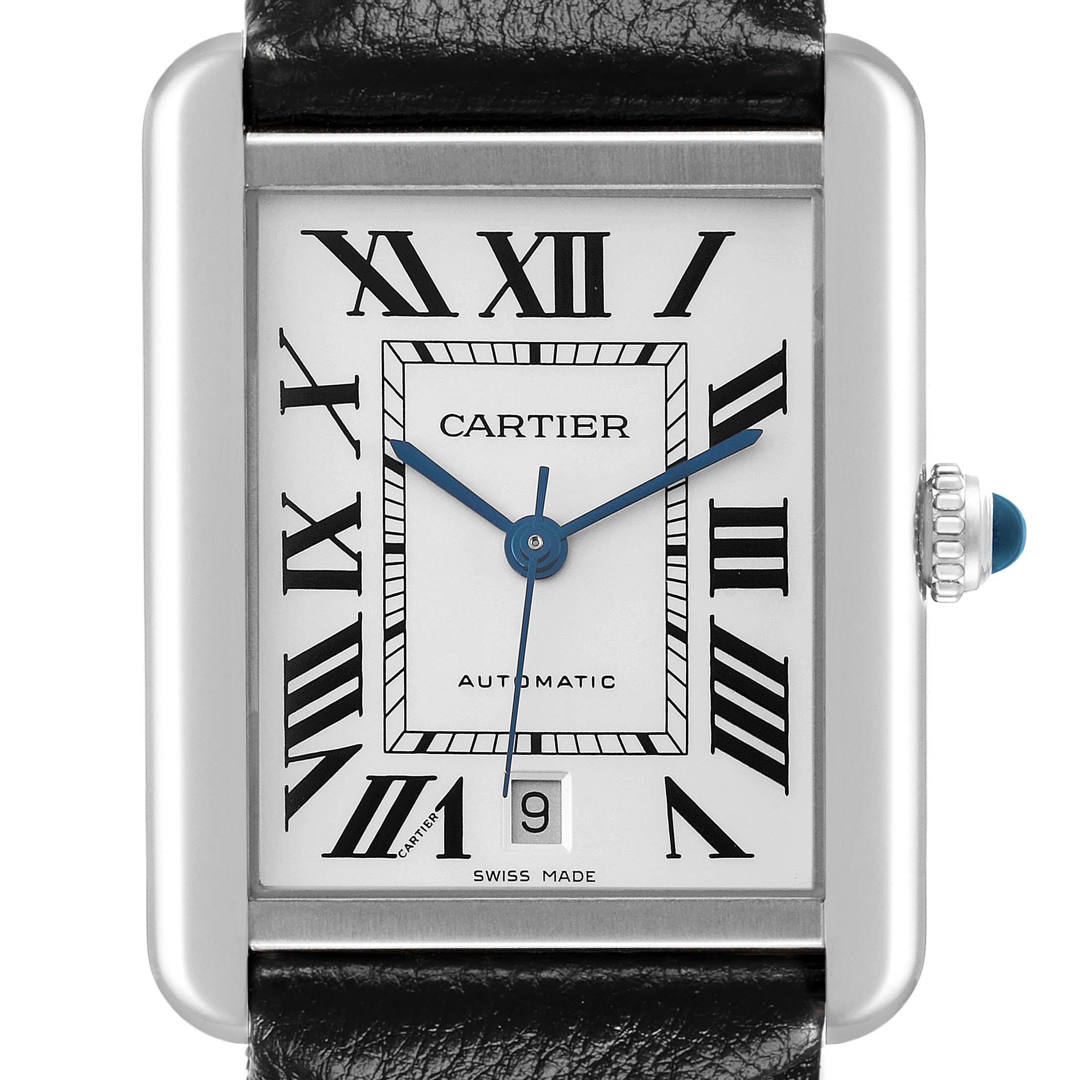 The Cartier Tank Solo W5200027 Men's Stainless Steel Silver Dial W5200027 Men's Stainless Steel Silver Dial watch is shown from the front, highlighting its rectangular face, Roman numerals, and crown.