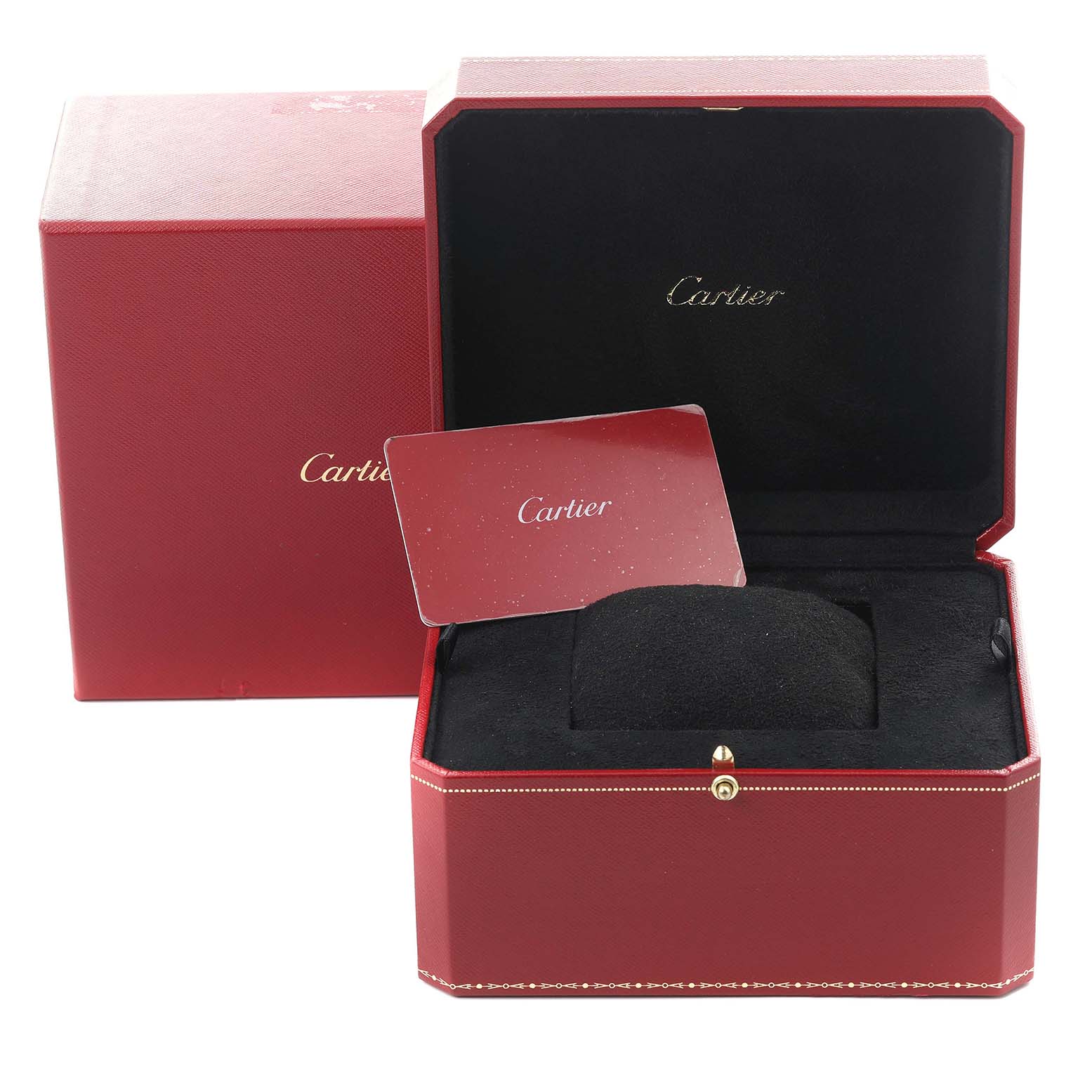 The image shows the Cartier Tank Solo W5200002 Women's Steel and Gold (two tone) Silver Dial W5200002 Women's Steel and Gold (two tone) Silver Dial watch box and guarantee card from a front angle.