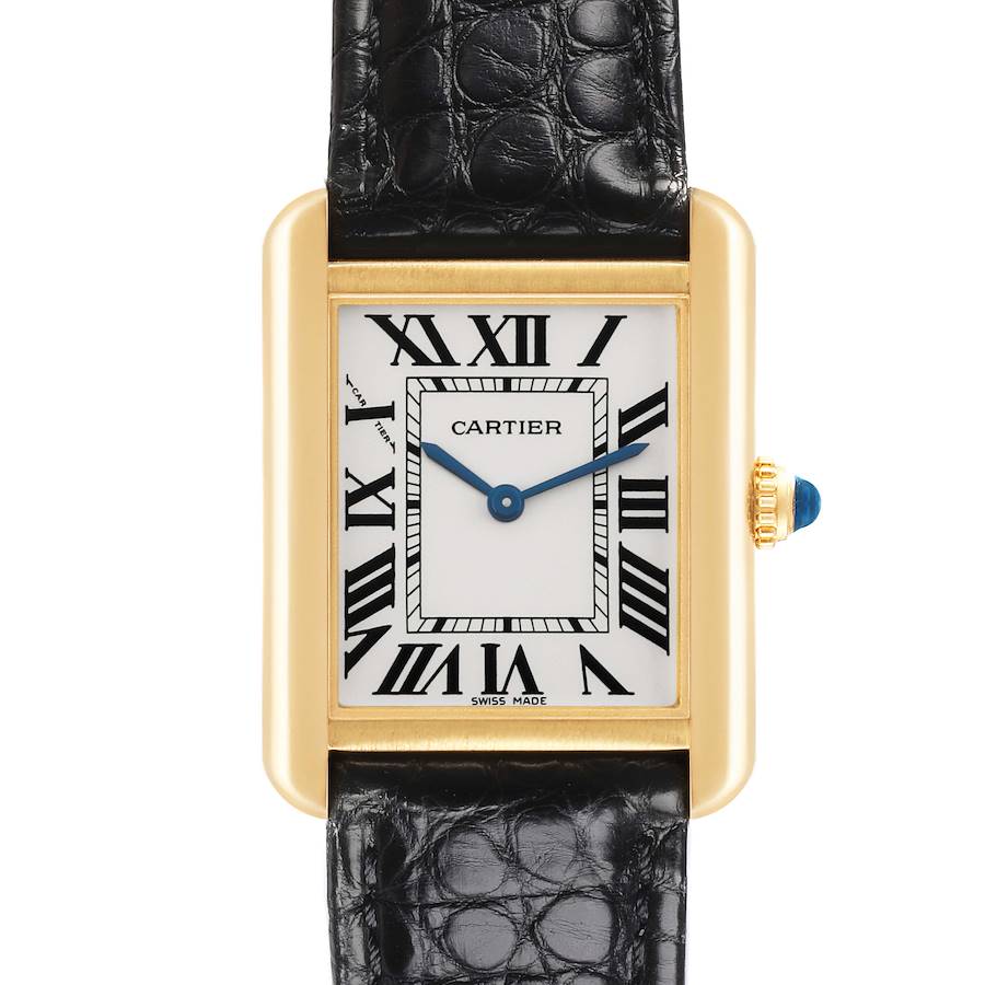 The image shows a frontal view of the Cartier Tank Solo watch, highlighting the face, case, and strap.