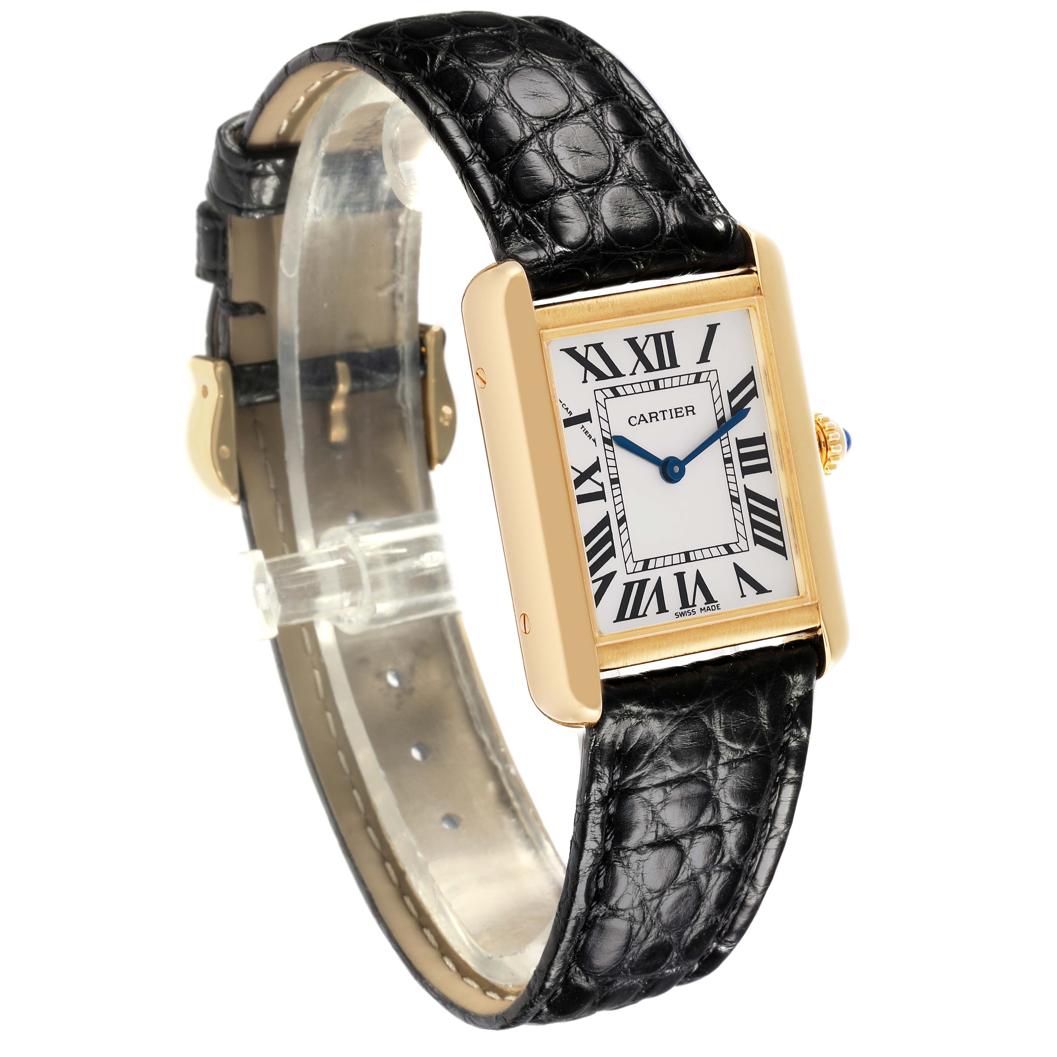 The Cartier Tank Solo W5200002 Women's Steel and Gold (two tone) Silver Dial W5200002 Women's Steel and Gold (two tone) Silver Dial watch is shown at an angled view, highlighting its case, dial, and leather strap.
