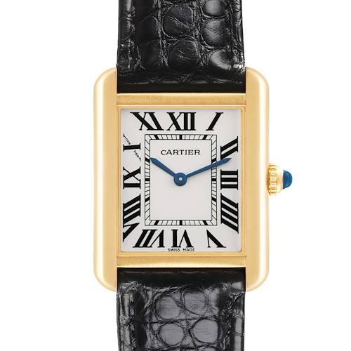 The Cartier Tank Solo watch is shown from the front, highlighting its face, Roman numerals, and leather strap.