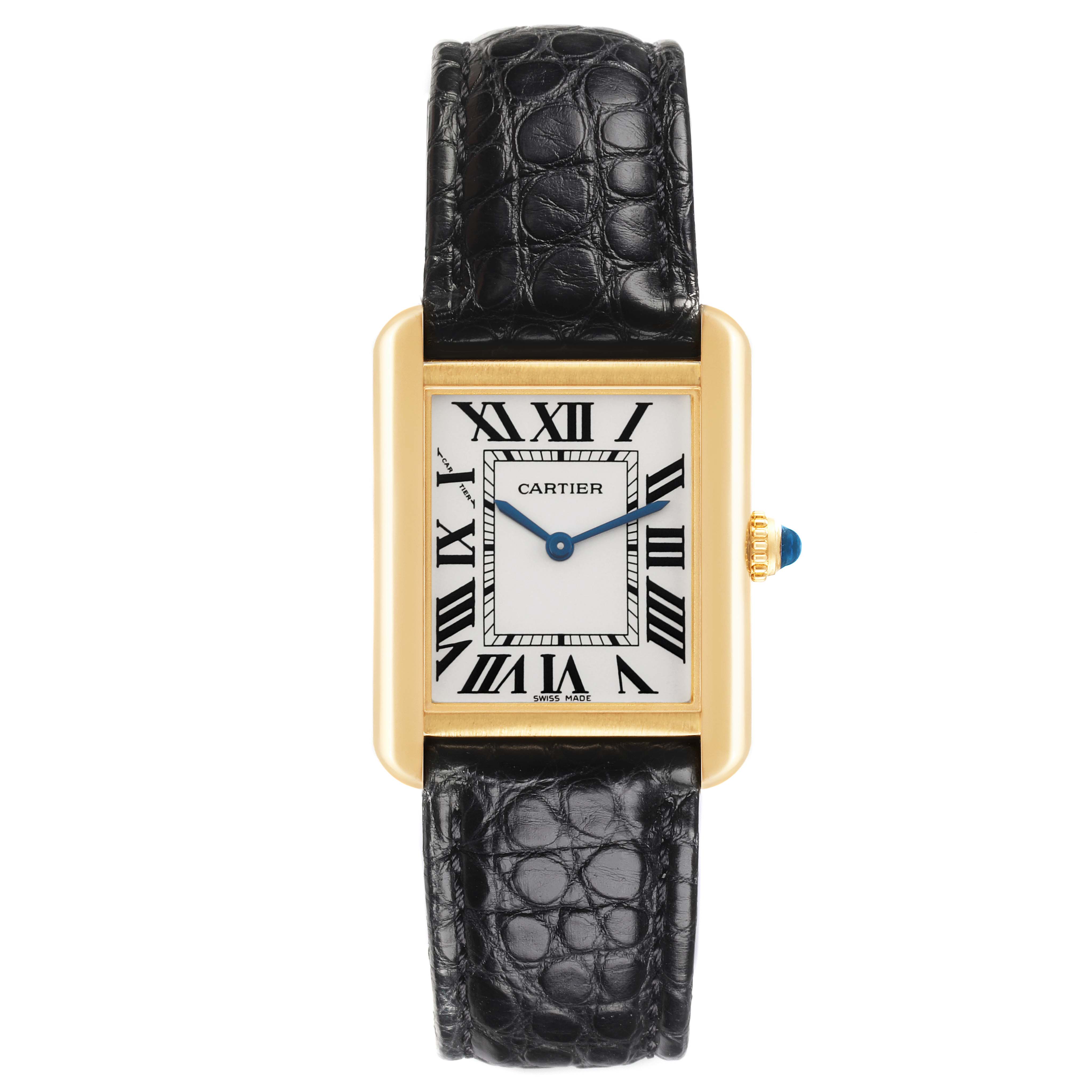 The Cartier Tank Solo W5200002 Women's Steel and Gold (two tone) Silver Dial W5200002 Women's Steel and Gold (two tone) Silver Dial watch is shown from a top view, featuring a rectangular gold case, Roman numerals, and a black leather strap.
