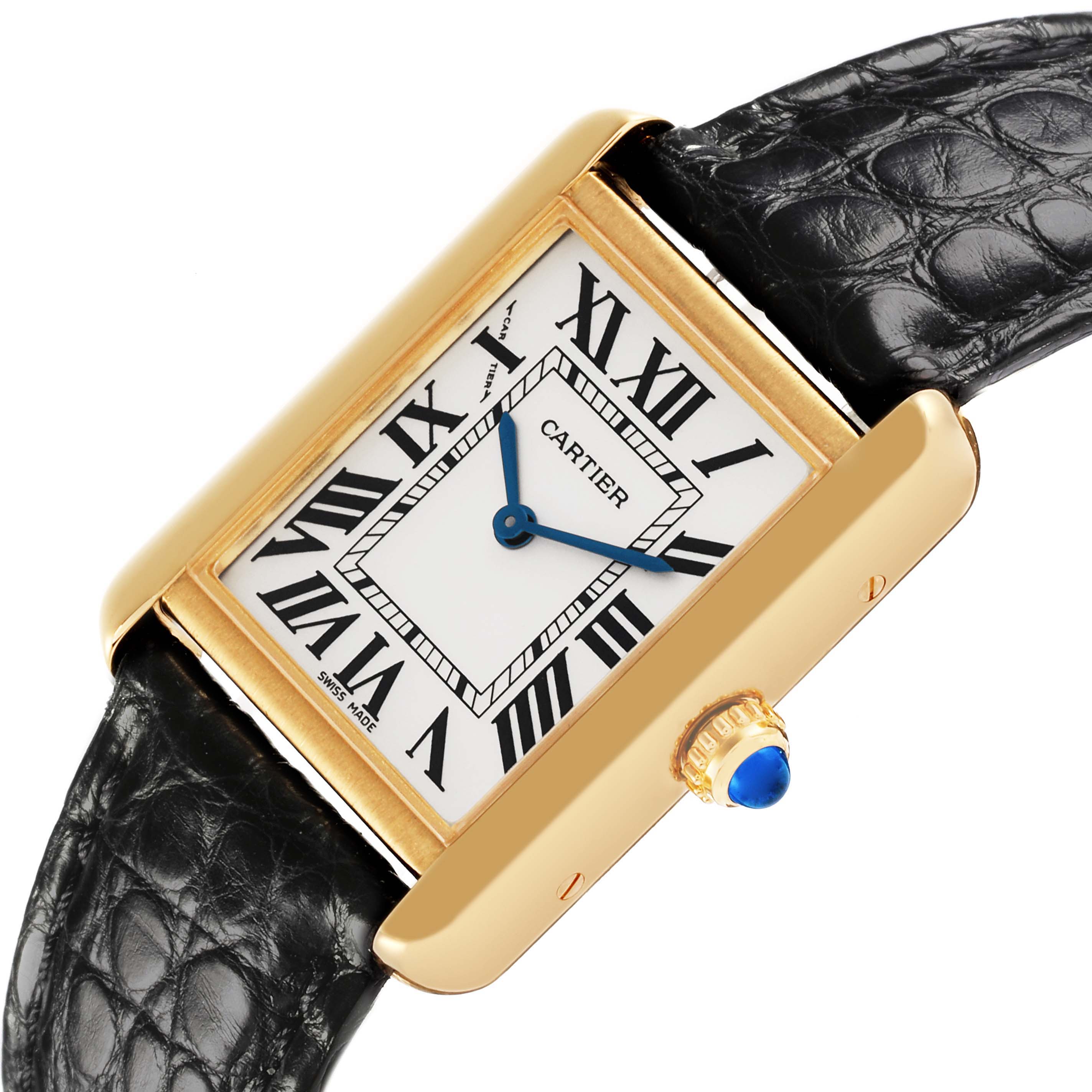 The Cartier Tank Solo W5200002 Women's Steel and Gold (two tone) Silver Dial W5200002 Women's Steel and Gold (two tone) Silver Dial watch is shown at an angle highlighting its gold case, white dial with Roman numerals, and black leather strap.