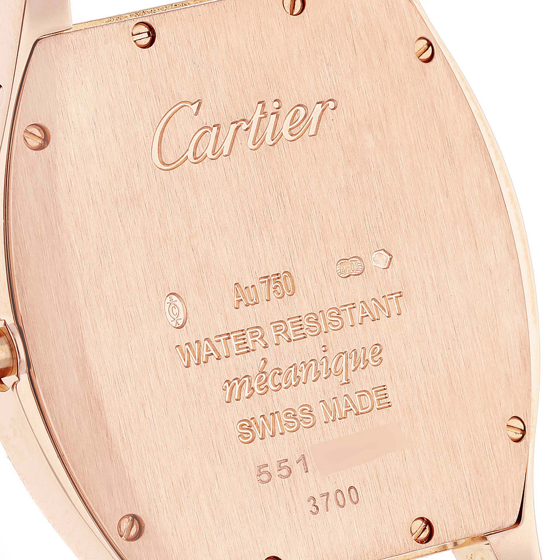 The image shows the back case of a Cartier Tortue W1556362 Men's Rose Gold Silver Dial W1556362 Men's Rose Gold Silver Dial watch, highlighting the brand name, material, and other specifications.