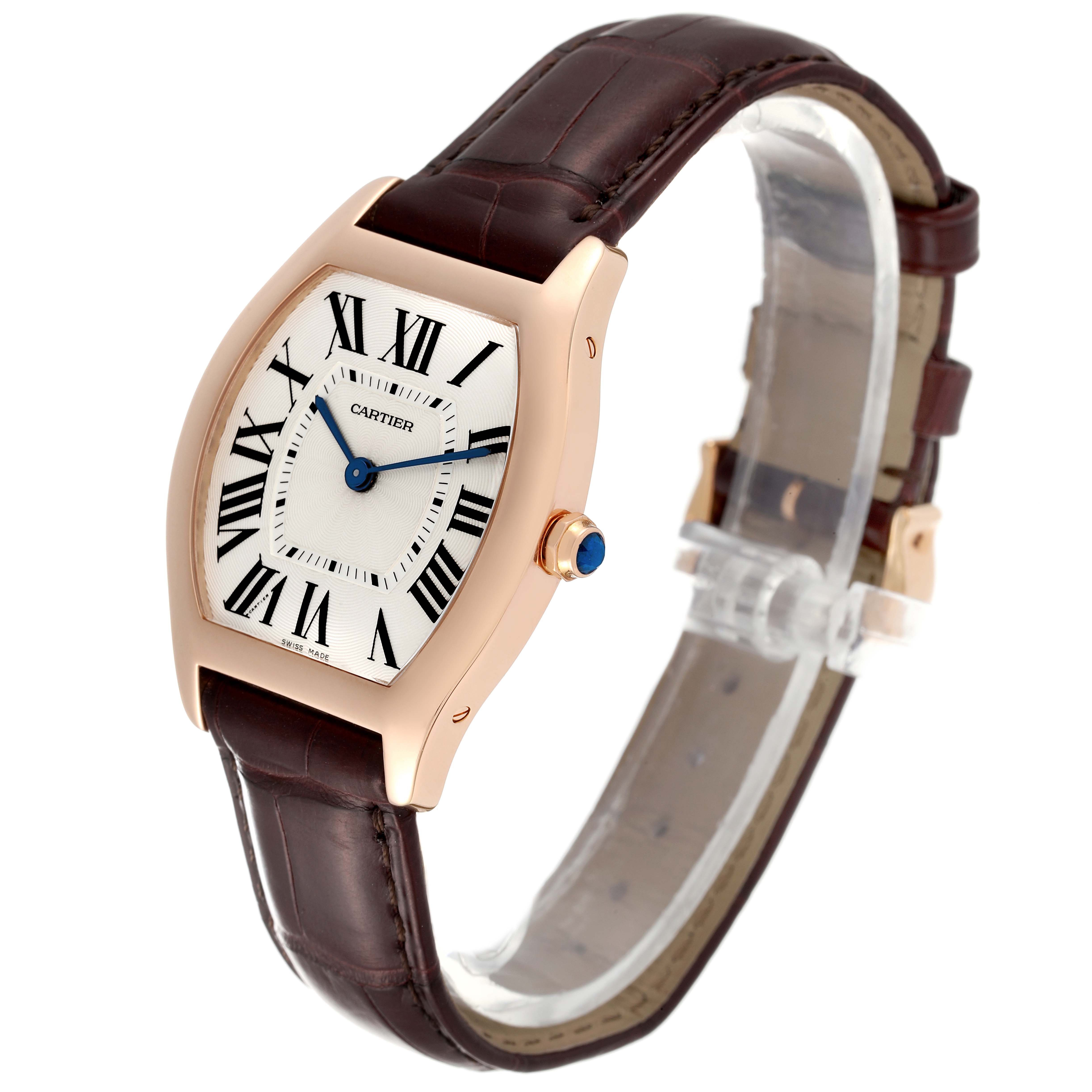 The image shows a side angle of the Cartier Tortue W1556362 Men's Rose Gold Silver Dial W1556362 Men's Rose Gold Silver Dial watch, highlighting the face, bezel, crown, and leather strap.