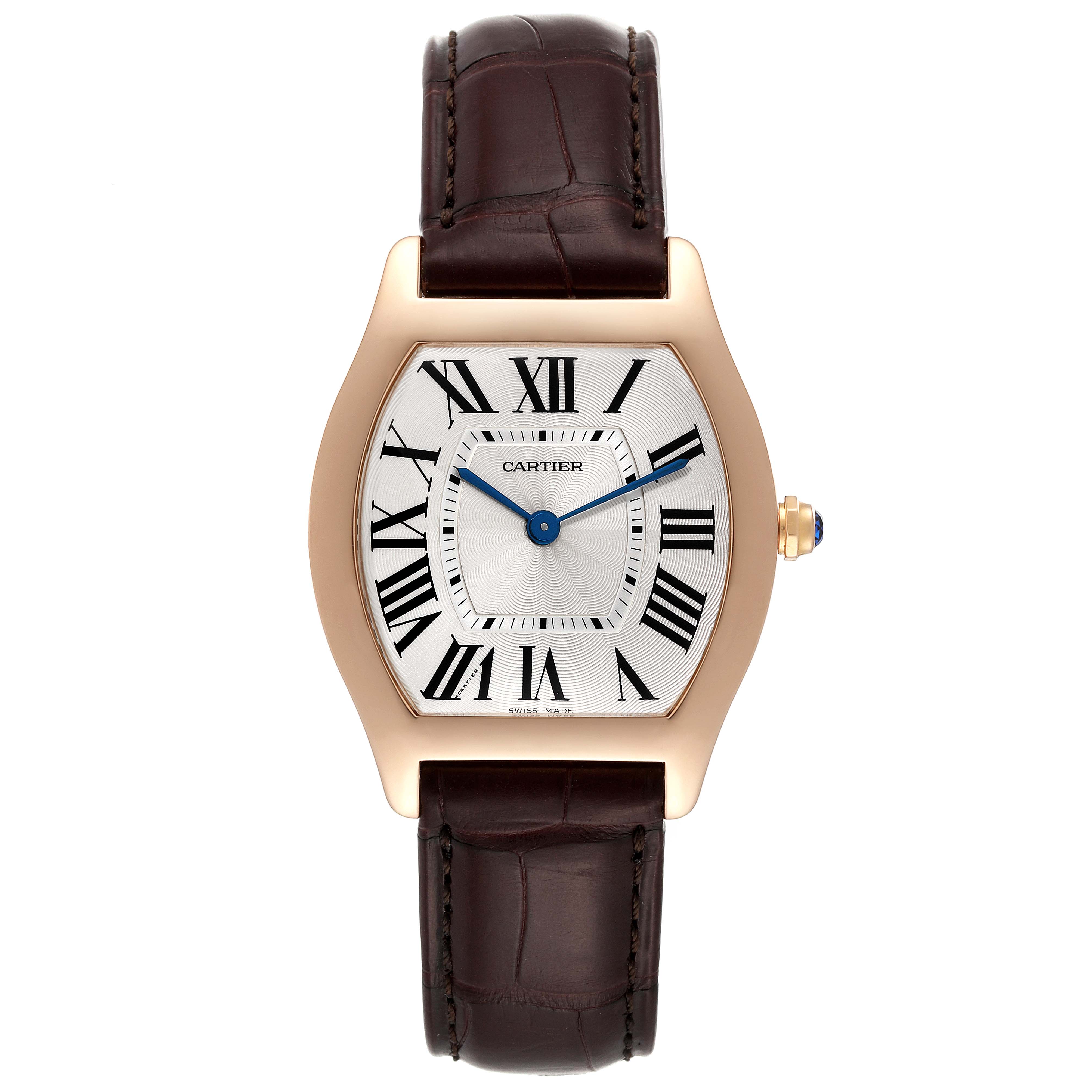 The image shows a Cartier Tortue W1556362 Men's Rose Gold Silver Dial W1556362 Men's Rose Gold Silver Dial model watch from a top-down angle, displaying the dial, crown, and leather strap.
