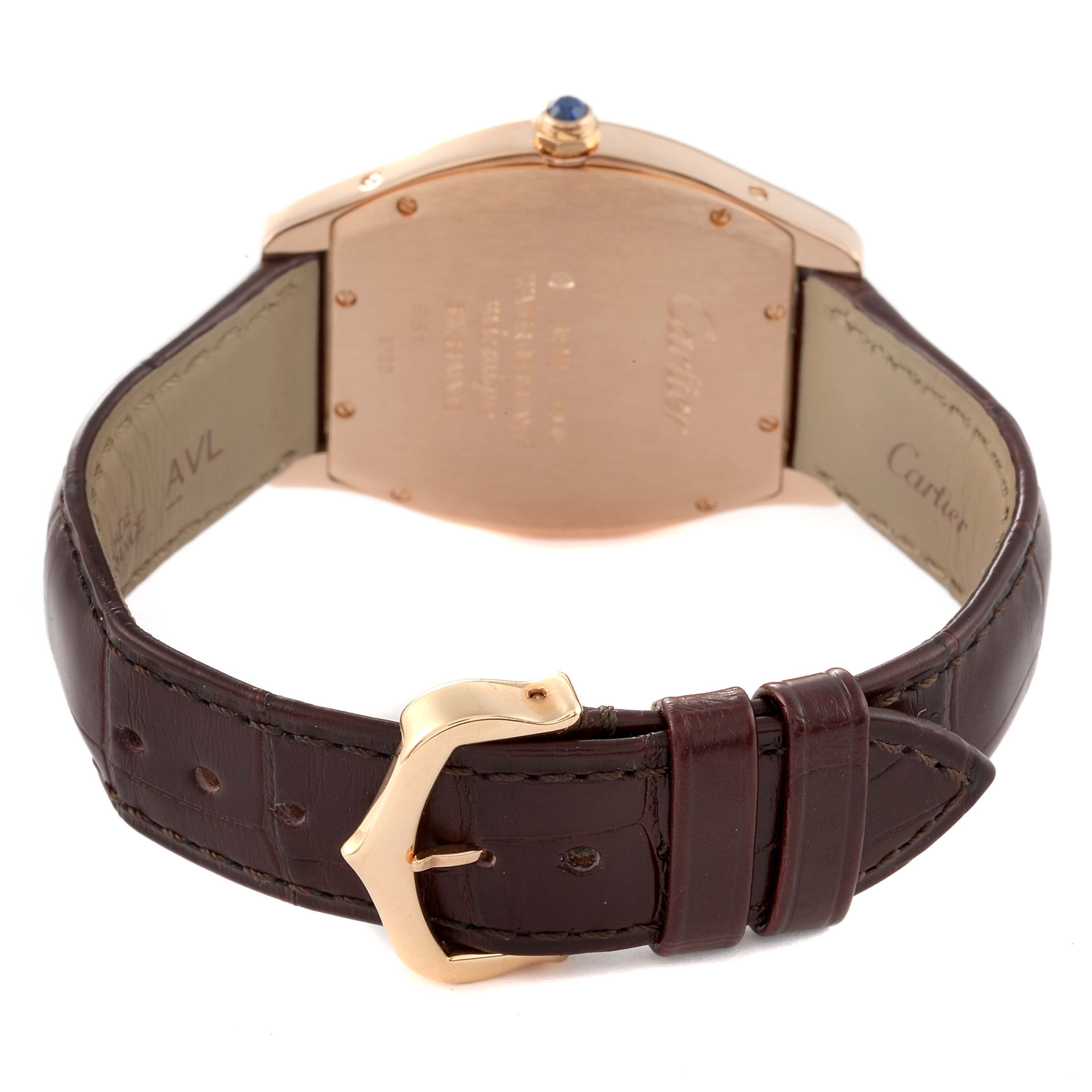 The image shows the back case and leather strap of a Cartier Tortue W1556362 Men's Rose Gold Silver Dial W1556362 Men's Rose Gold Silver Dial watch from a rear angle.