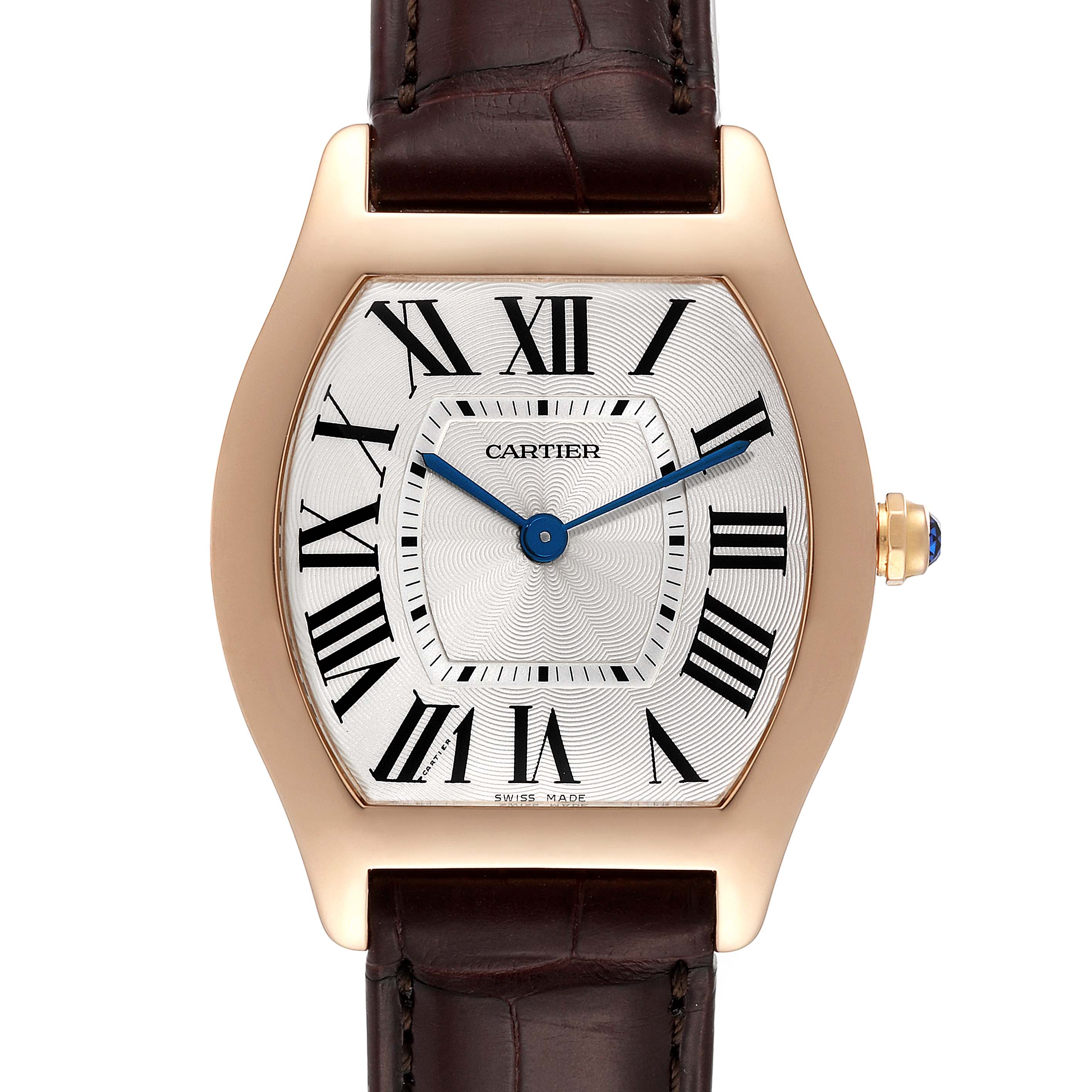 Front view of the Cartier Tortue W1556362 Men's Rose Gold Silver Dial W1556362 Men's Rose Gold Silver Dial watch showing the dial, Roman numerals, blue hands, and part of the leather strap.