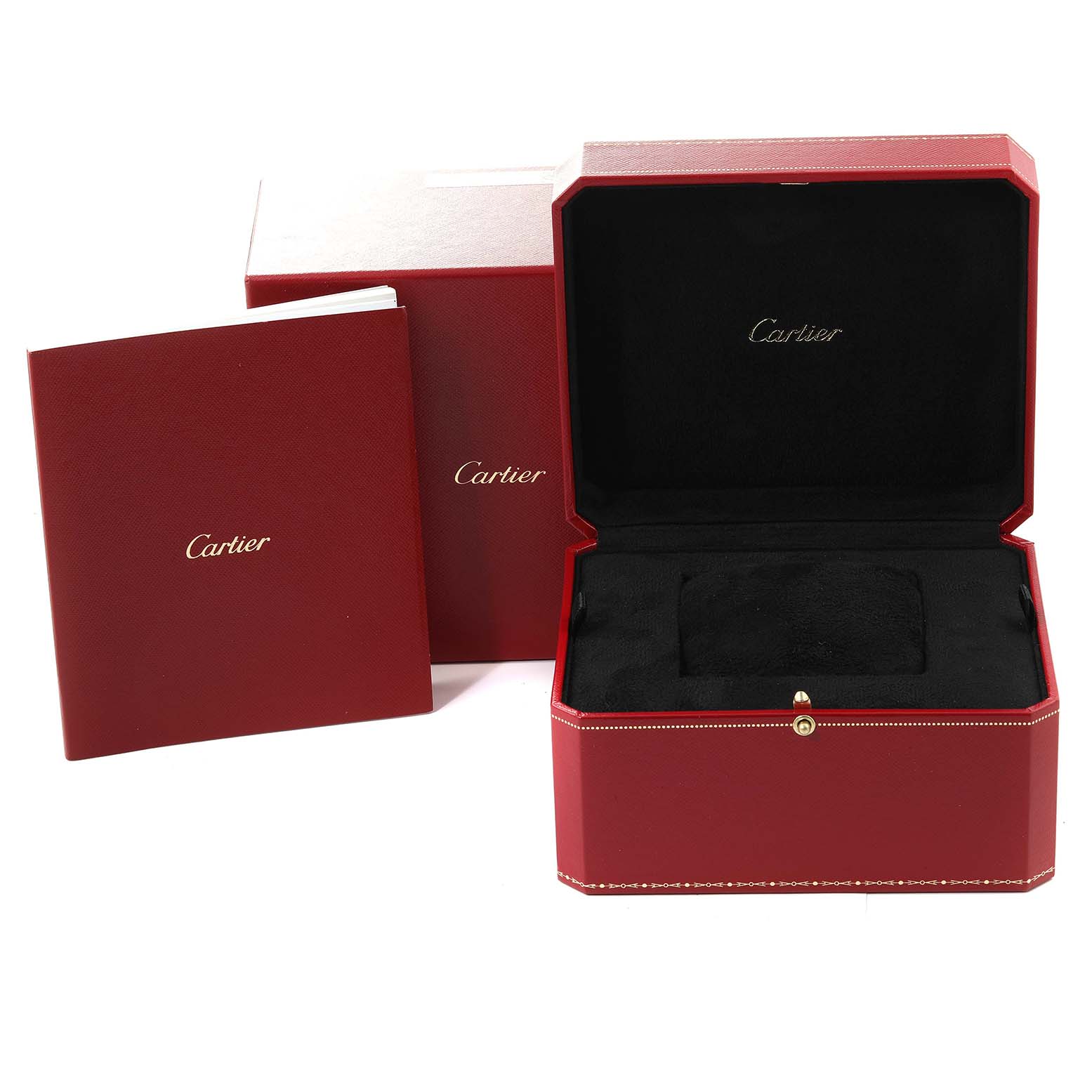 The image shows the open red box and booklet for a Cartier Tortue W1556362 Men's Rose Gold Silver Dial W1556362 Men's Rose Gold Silver Dial watch, viewed from the front.