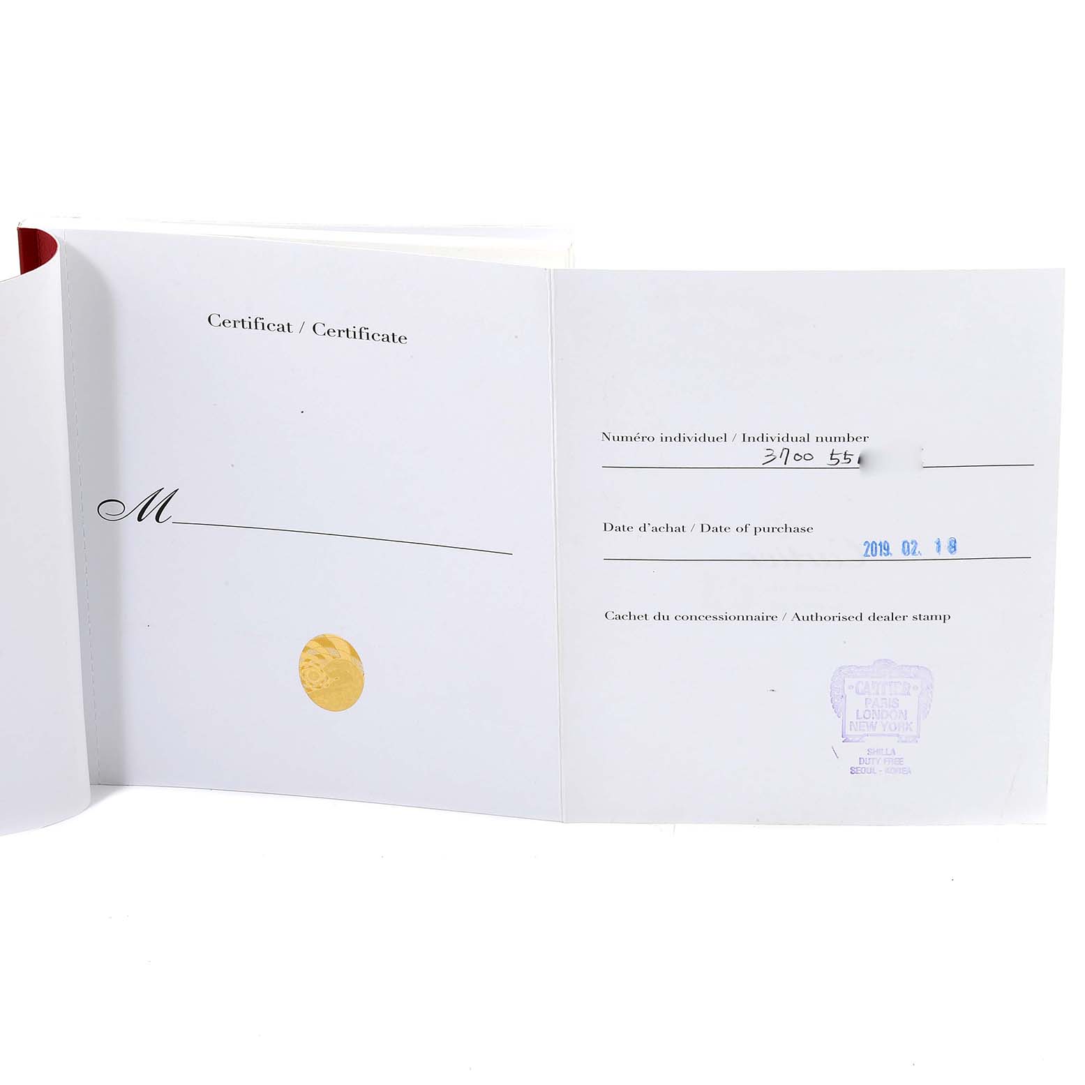 This image shows the certificate booklet for the Cartier Tortue W1556362 Men's Rose Gold Silver Dial W1556362 Men's Rose Gold Silver Dial model watch.