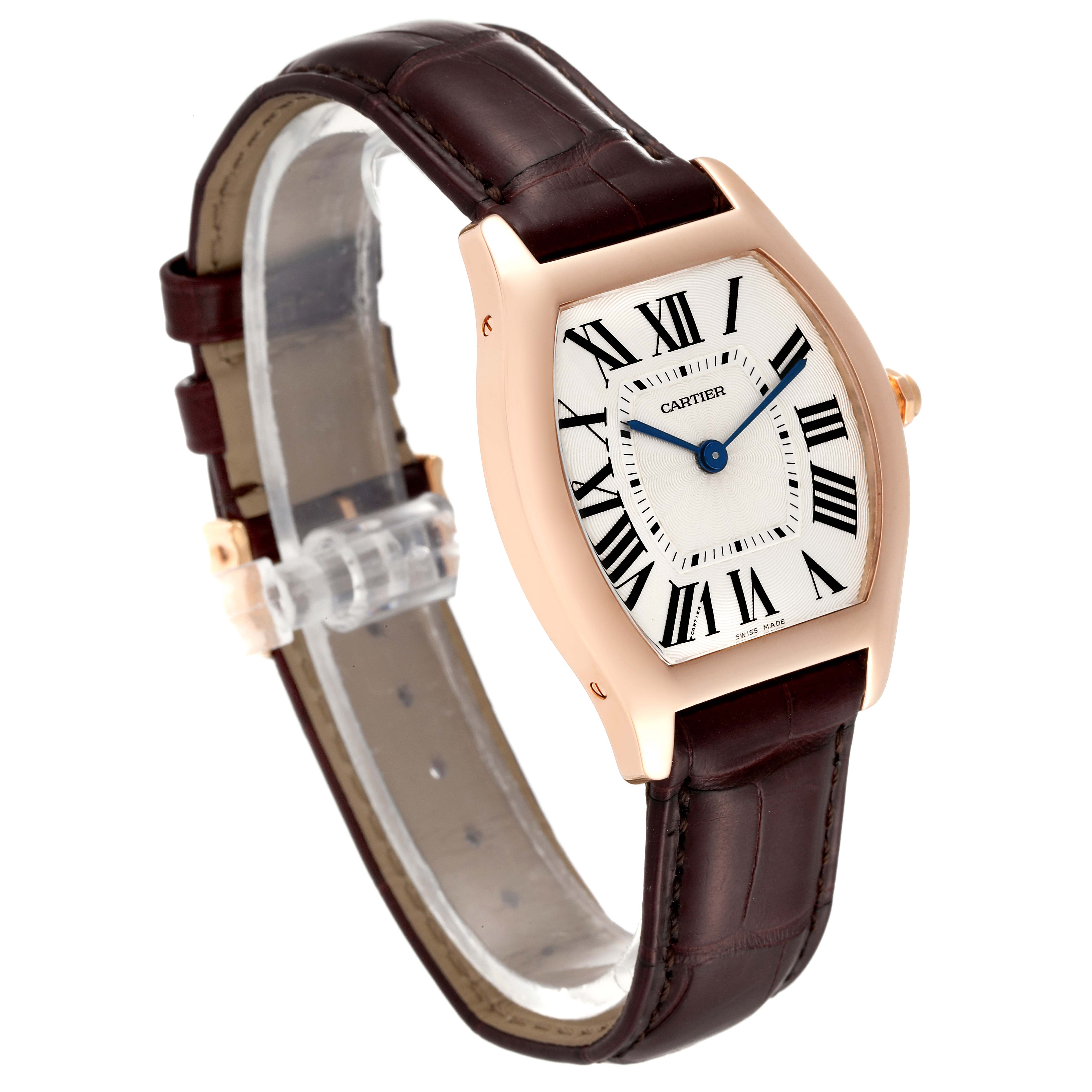 The image shows a Cartier Tortue W1556362 Men's Rose Gold Silver Dial W1556362 Men's Rose Gold Silver Dial model watch, angled to display its face, case, and leather strap.