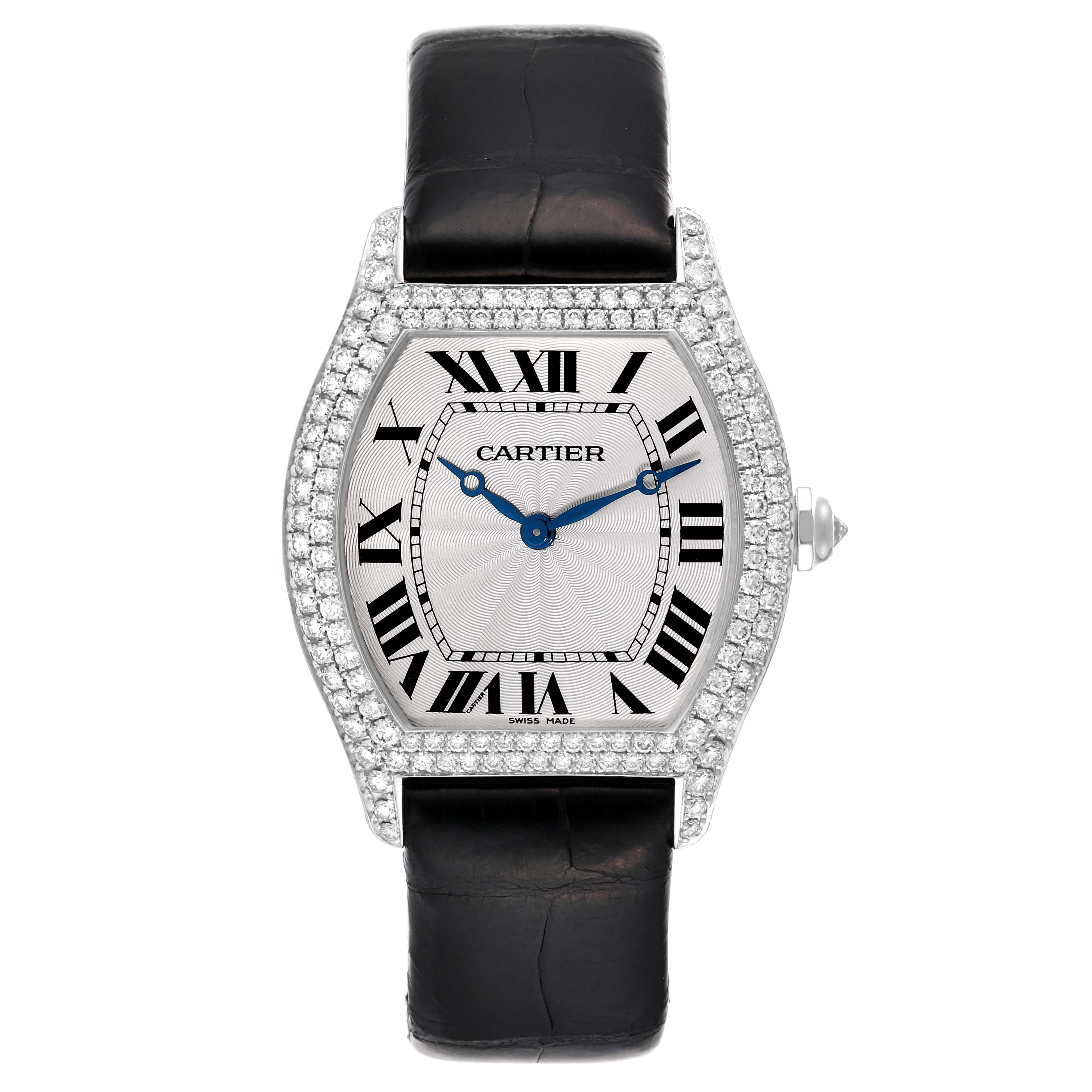 This image shows a front view of the Cartier Tortue WA504351 Men's White Gold Silver Dial WA504351 Men's White Gold Silver Dial watch, displaying its face, bezel, and strap.