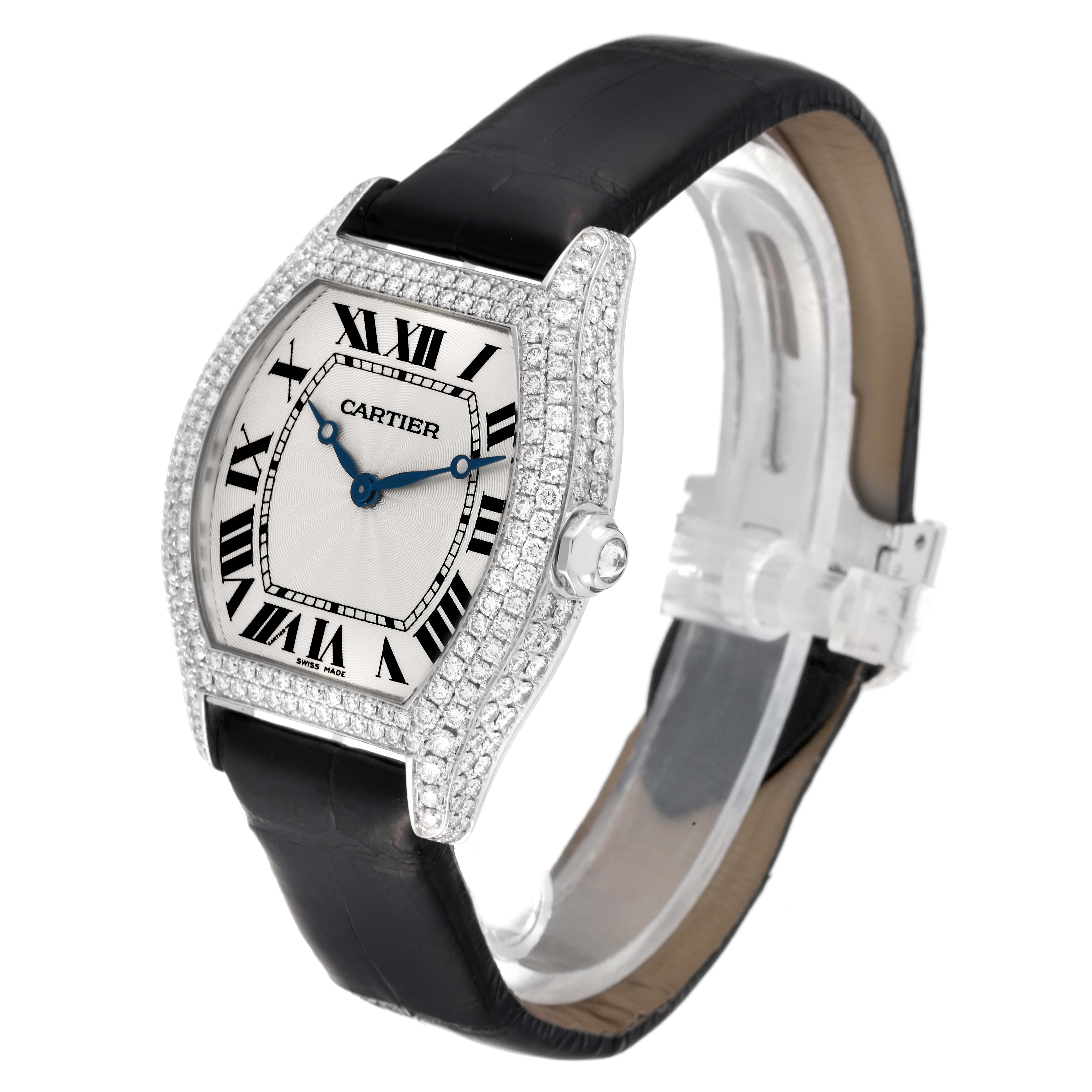 The image shows a Cartier Tortue WA504351 Men's White Gold Silver Dial WA504351 Men's White Gold Silver Dial watch from a front-left angle, highlighting its diamond-studded case, dial, and leather strap.