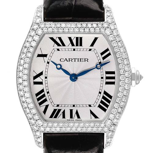 Photo of Cartier Tortue White Gold Black Strap Diamond Bezel Mens Watch WA504351