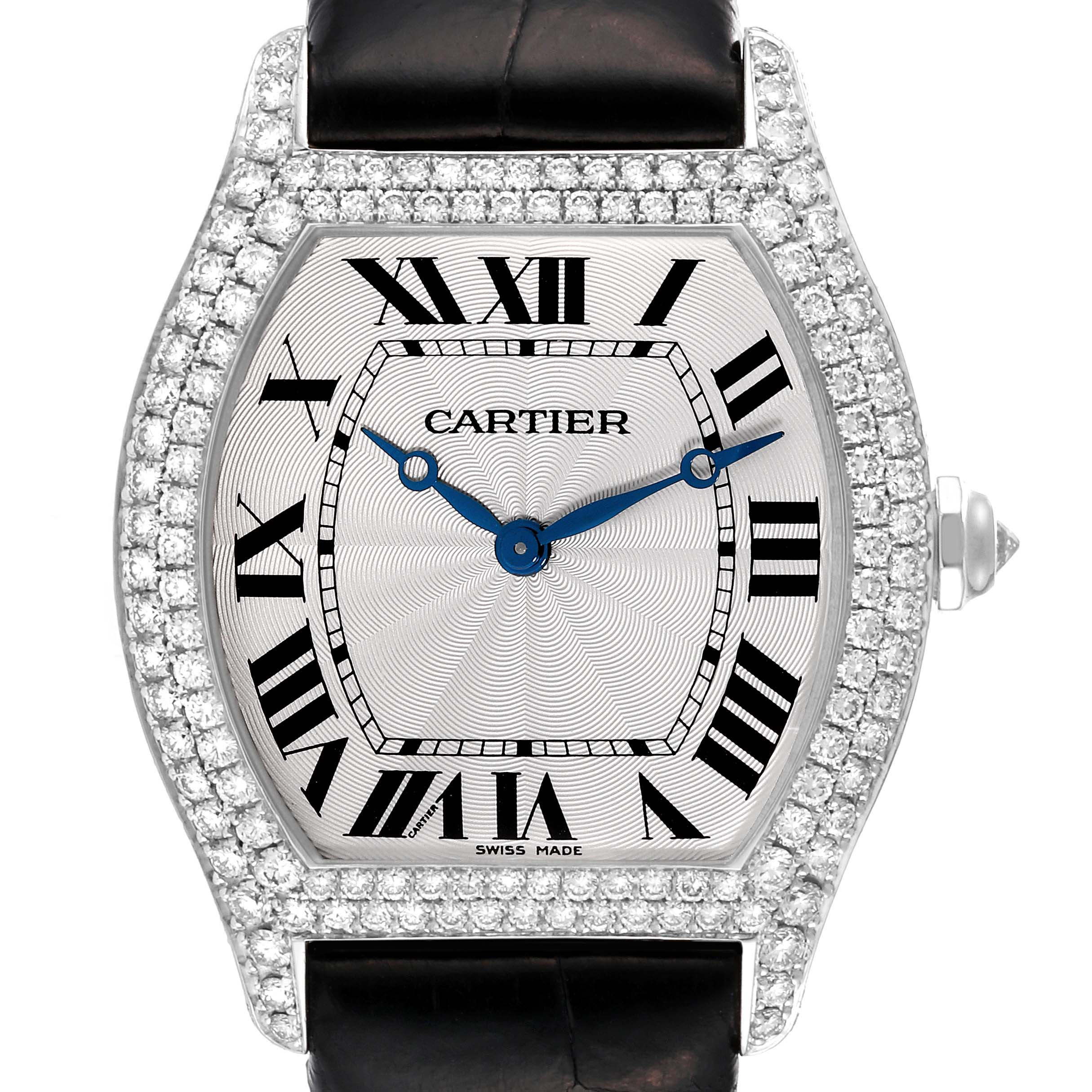The image shows a close-up frontal view of the Cartier Tortue WA504351 Men's White Gold Silver Dial WA504351 Men's White Gold Silver Dial watch, featuring its bezel, dial, and strap attachment points.