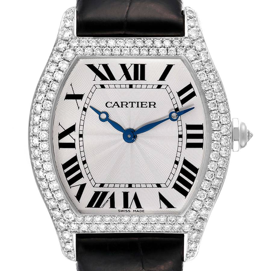 Cartier Tortue White Gold Black Strap Diamond Bezel Mens Watch WA504351 SwissWatchExpo